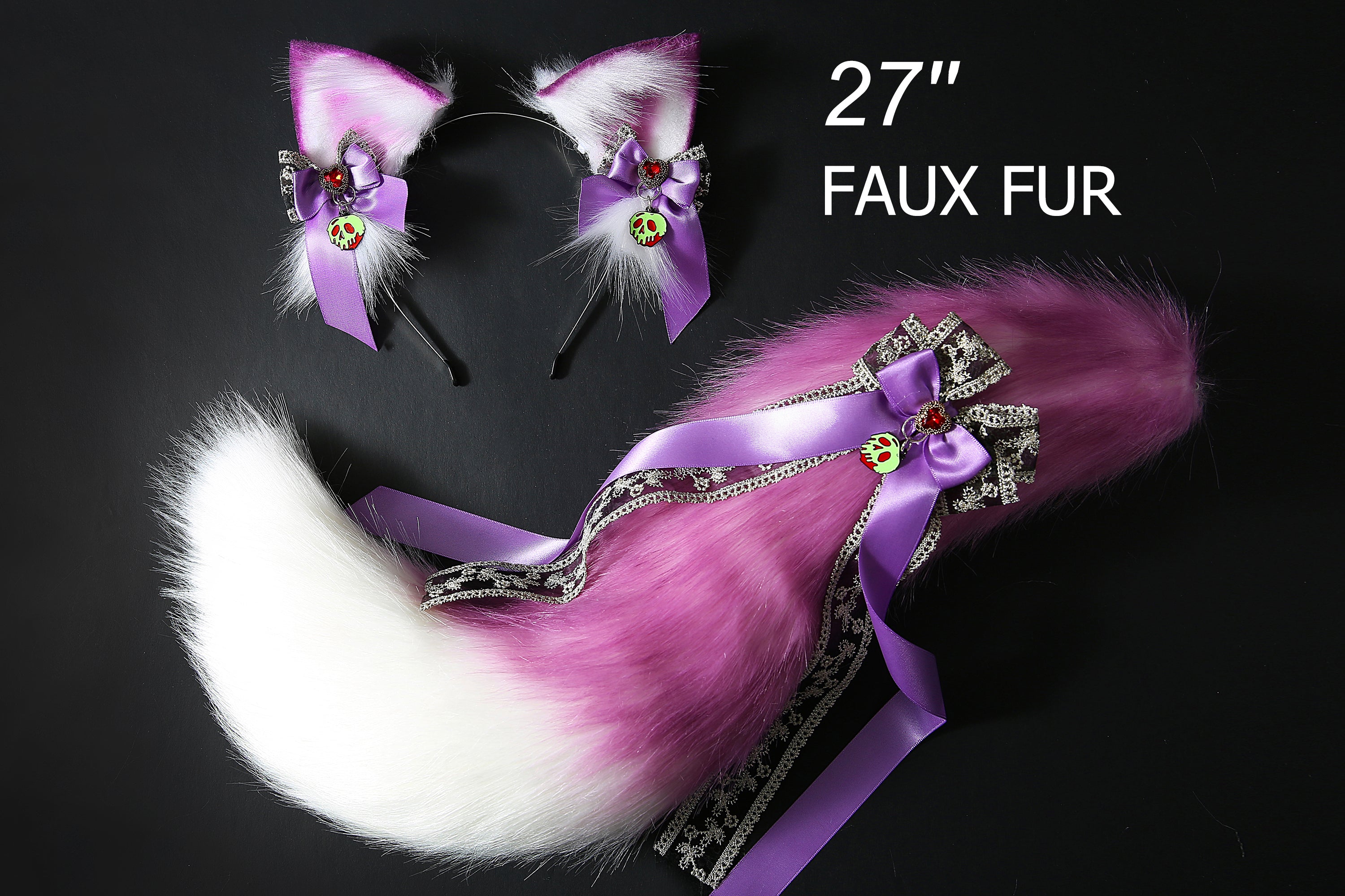 Purple white real fur fox ear and tail plug set