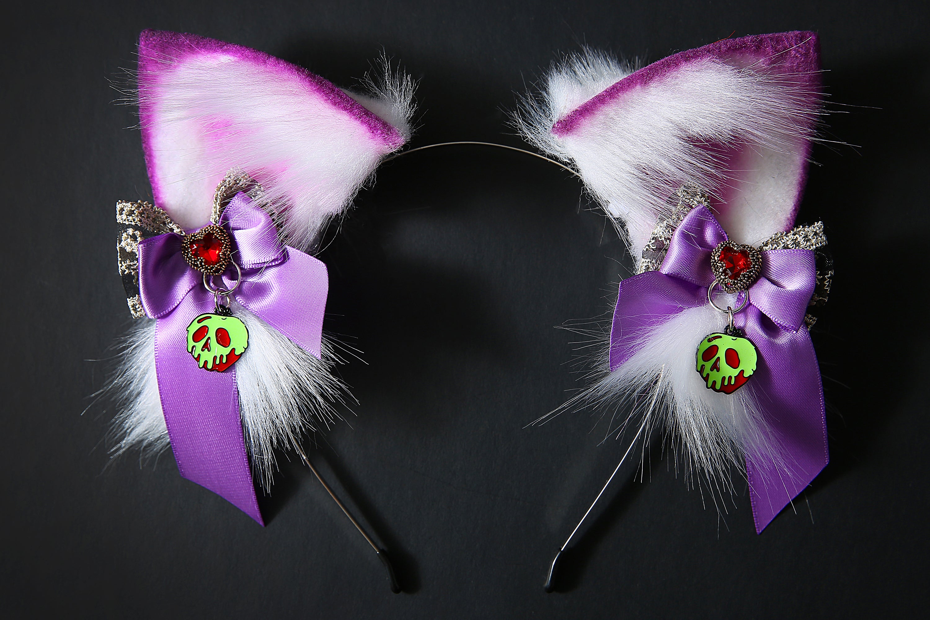 Purple white real fur fox ear and tail plug set