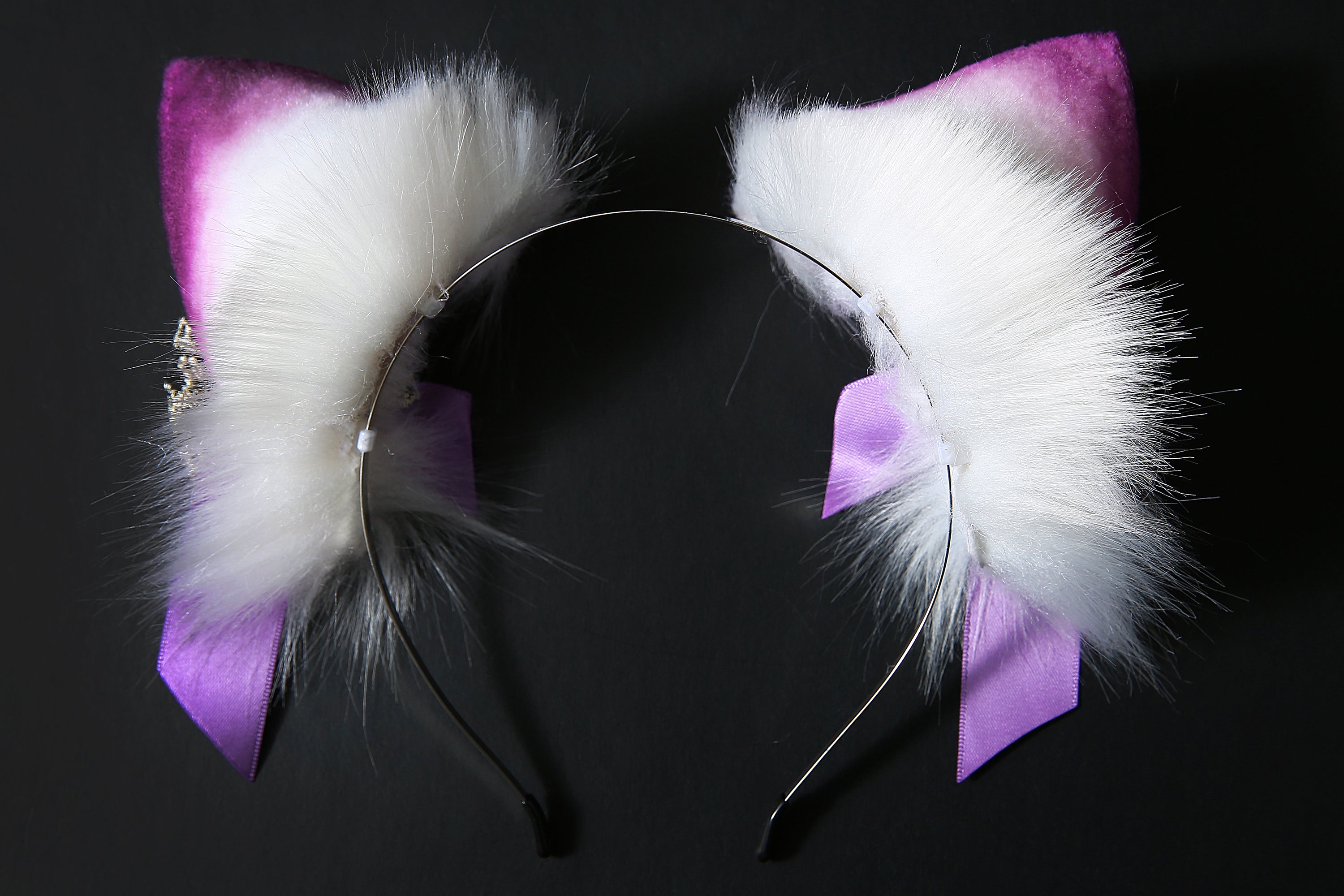 Purple white real fur fox ear and tail plug set