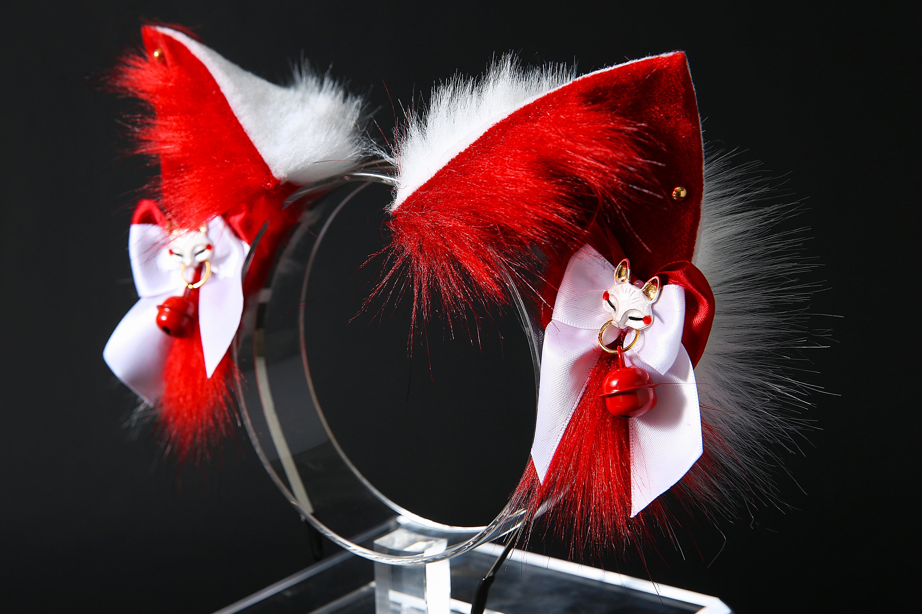 Red white faux fur fox tail plug and ear wolf tail buttplug and ear kitten ear and tail plug set curved tail and ear plug cosplay -mature