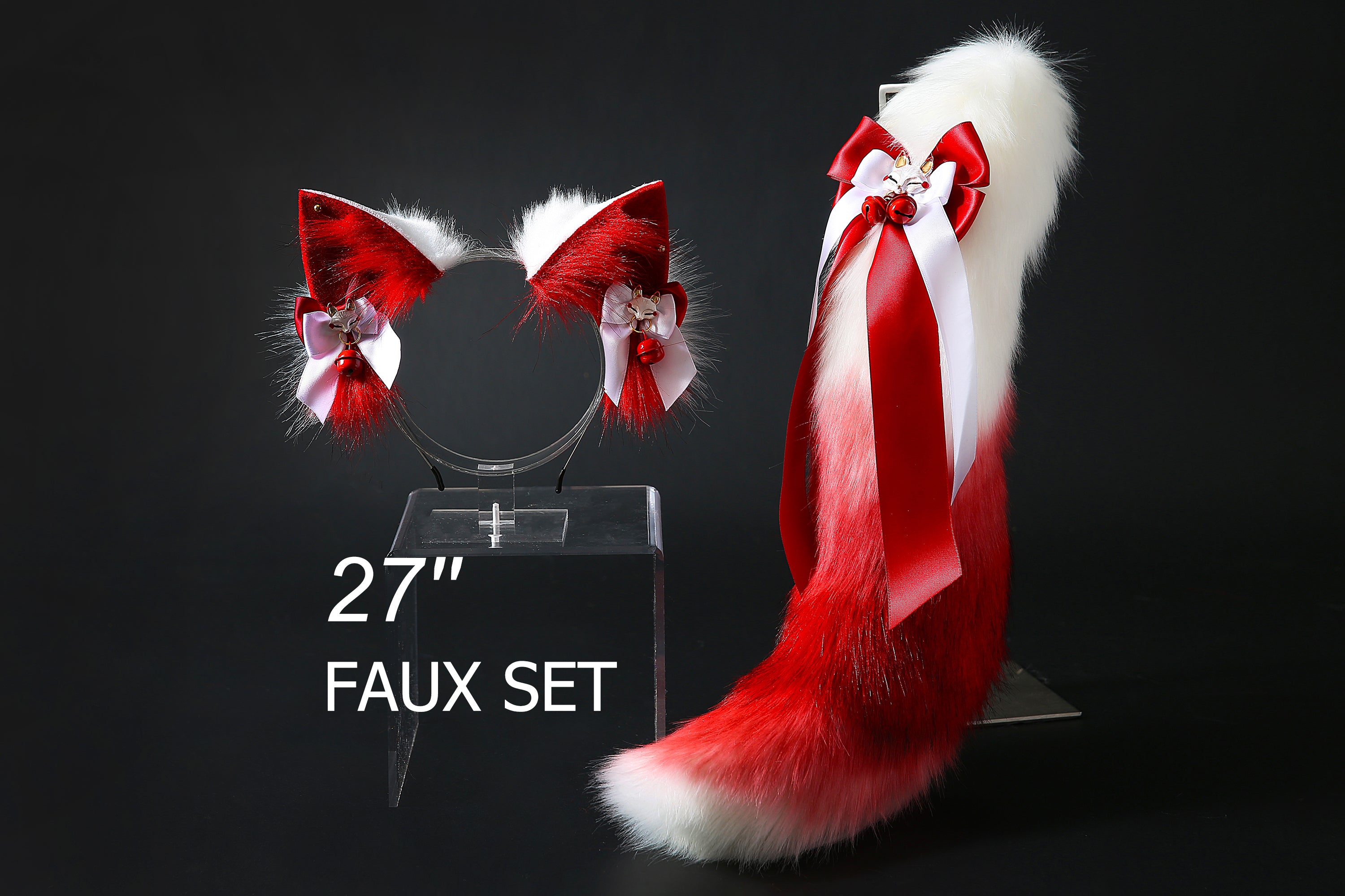 Red white faux fur fox tail plug and ear wolf tail buttplug and ear kitten ear and tail plug set curved tail and ear plug cosplay