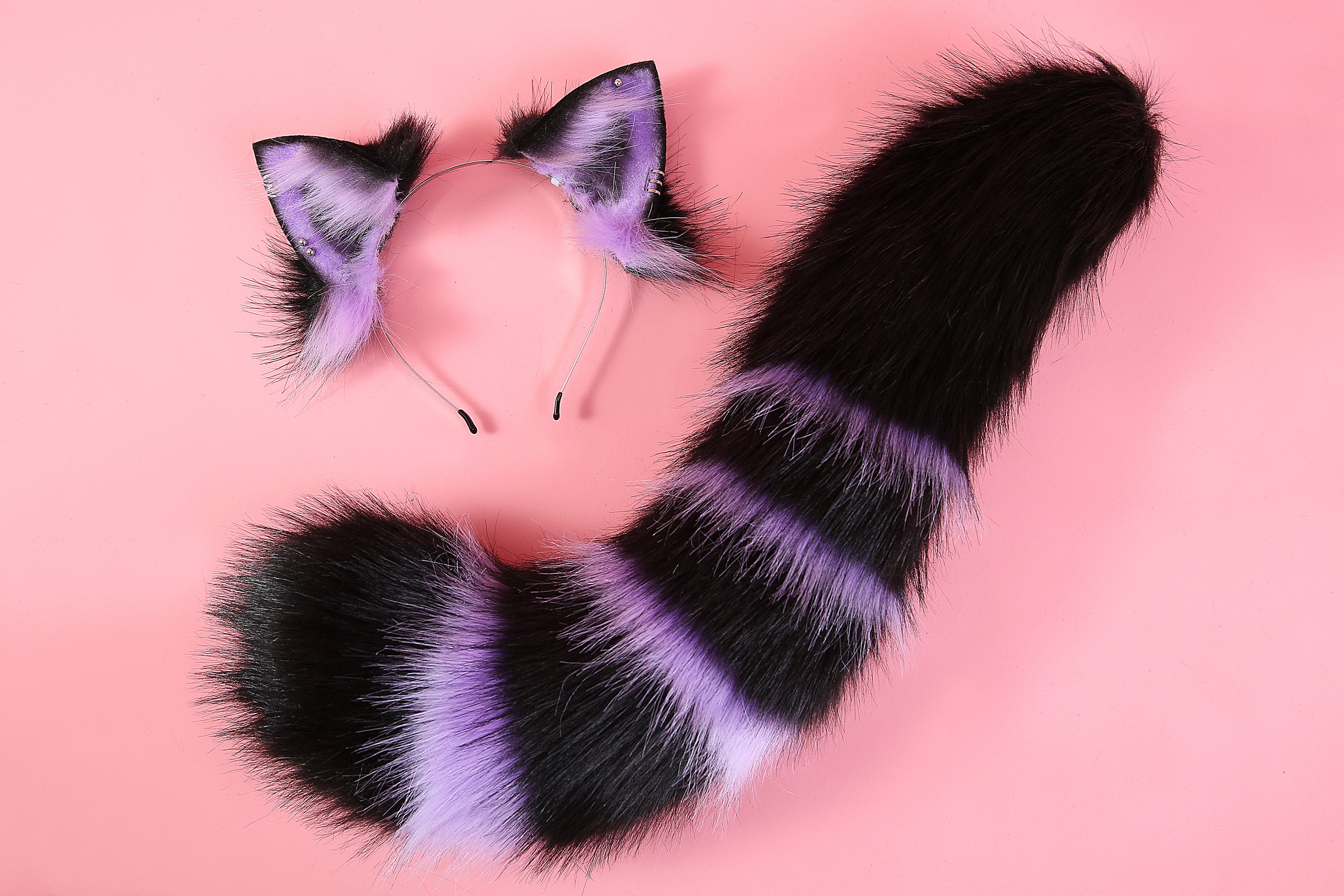 Purple kitten ear and tail set cat ear headband and tail