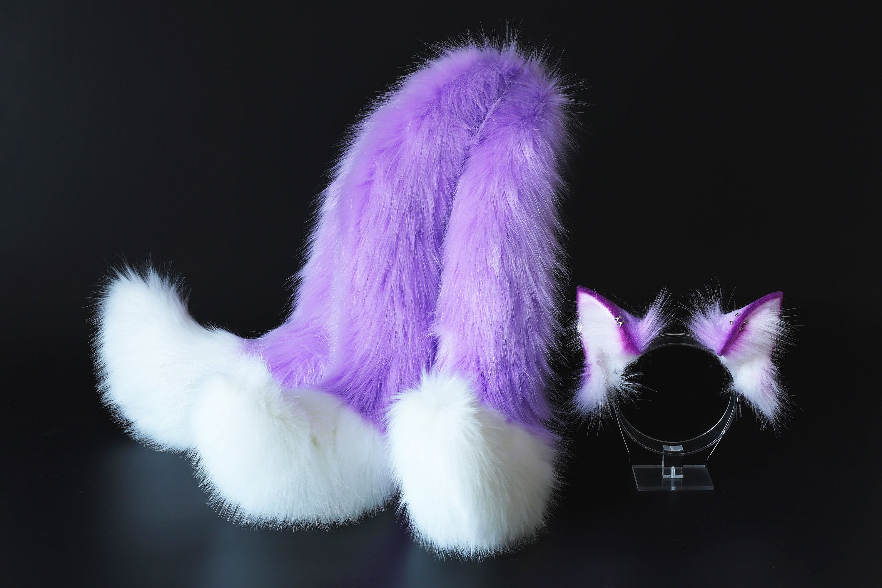 Purple white faux fur 3 tailed kitsune tail plug and ear set 3 fox tails and ears kitten ear and tail set wolf ear and tail anime cosplay role play