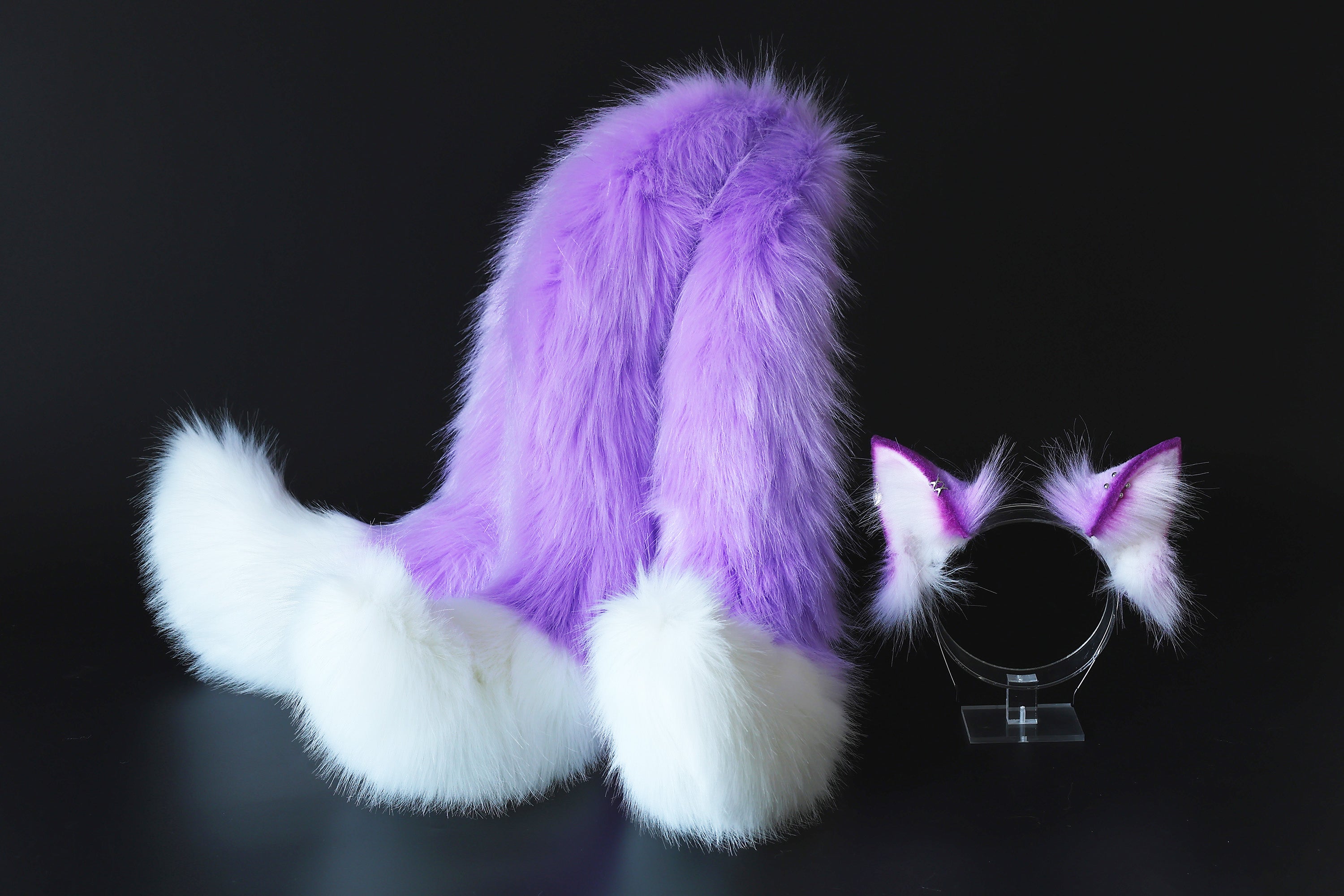 Purple white faux fur 3 tailed kitsune tail plug and ear set 3 fox tails and ears kitten ear and tail set wolf ear and tail anime cosplay role play