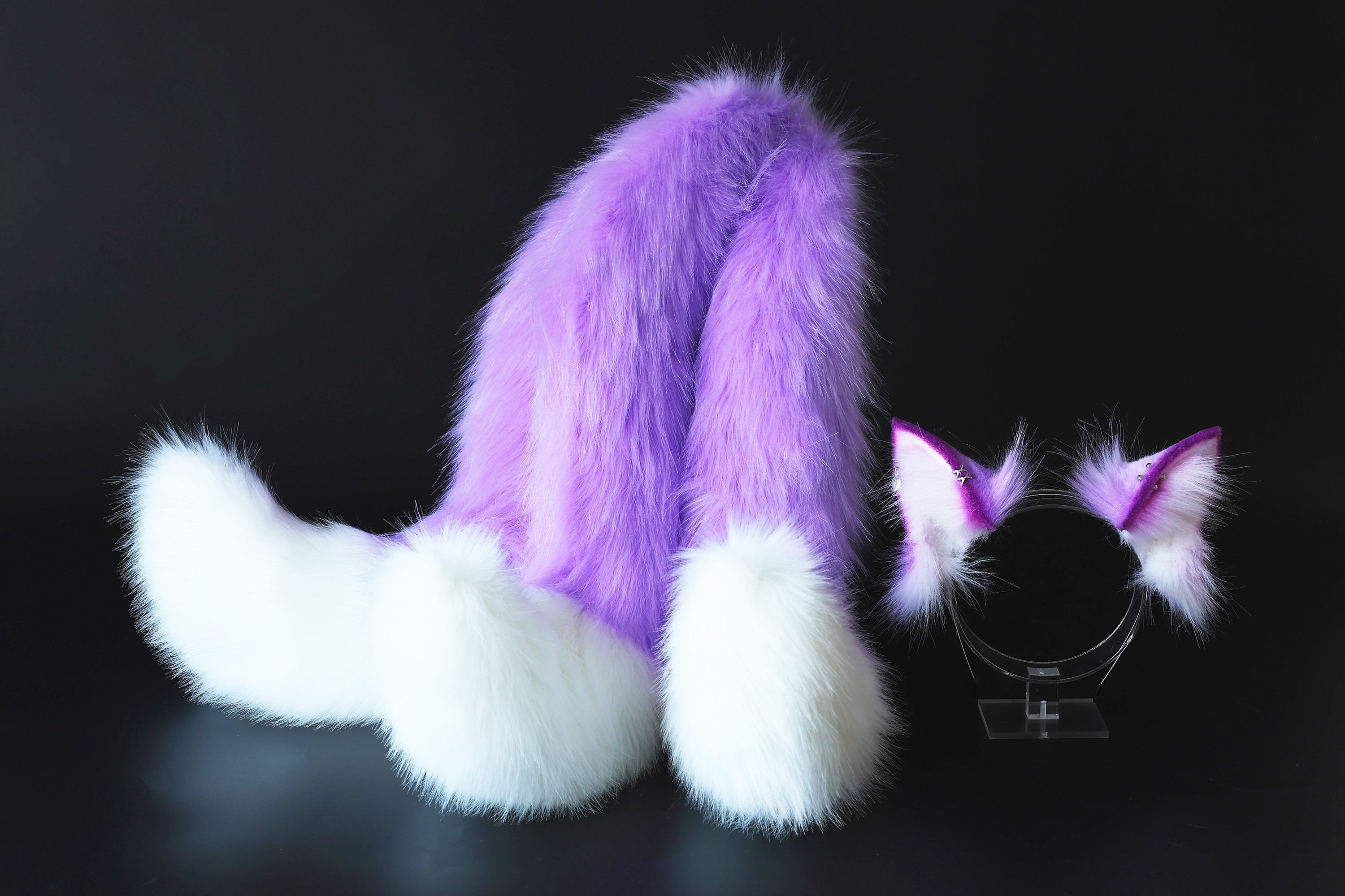 Purple white faux fur 3 tailed kitsune tail plug and ear set 3 fox tails and ears kitten ear and tail set wolf ear and tail anime cosplay role play