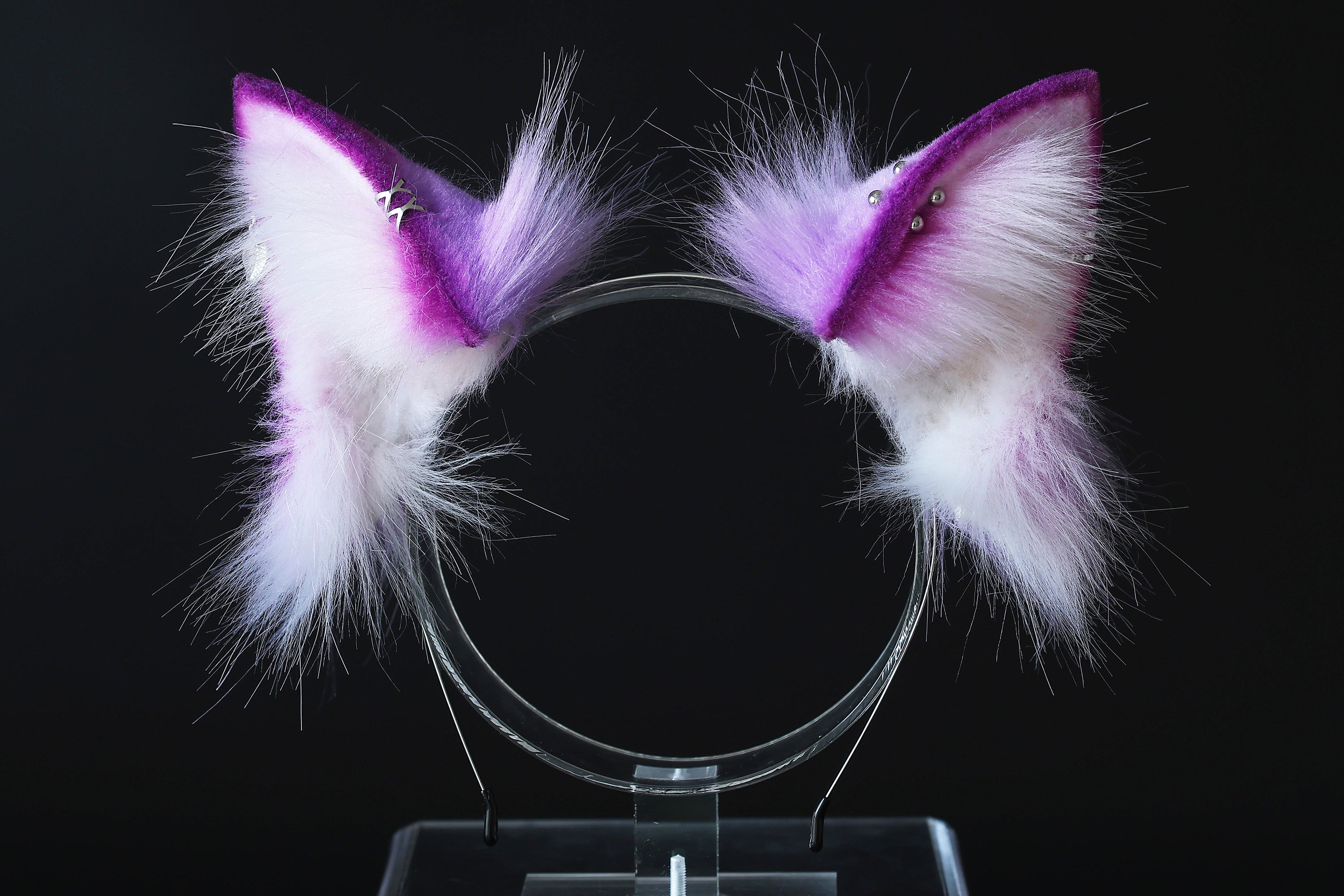Purple white faux fur 3 tailed kitsune tail plug and ear set 3 fox tails and ears kitten ear and tail set wolf ear and tail anime cosplay role play