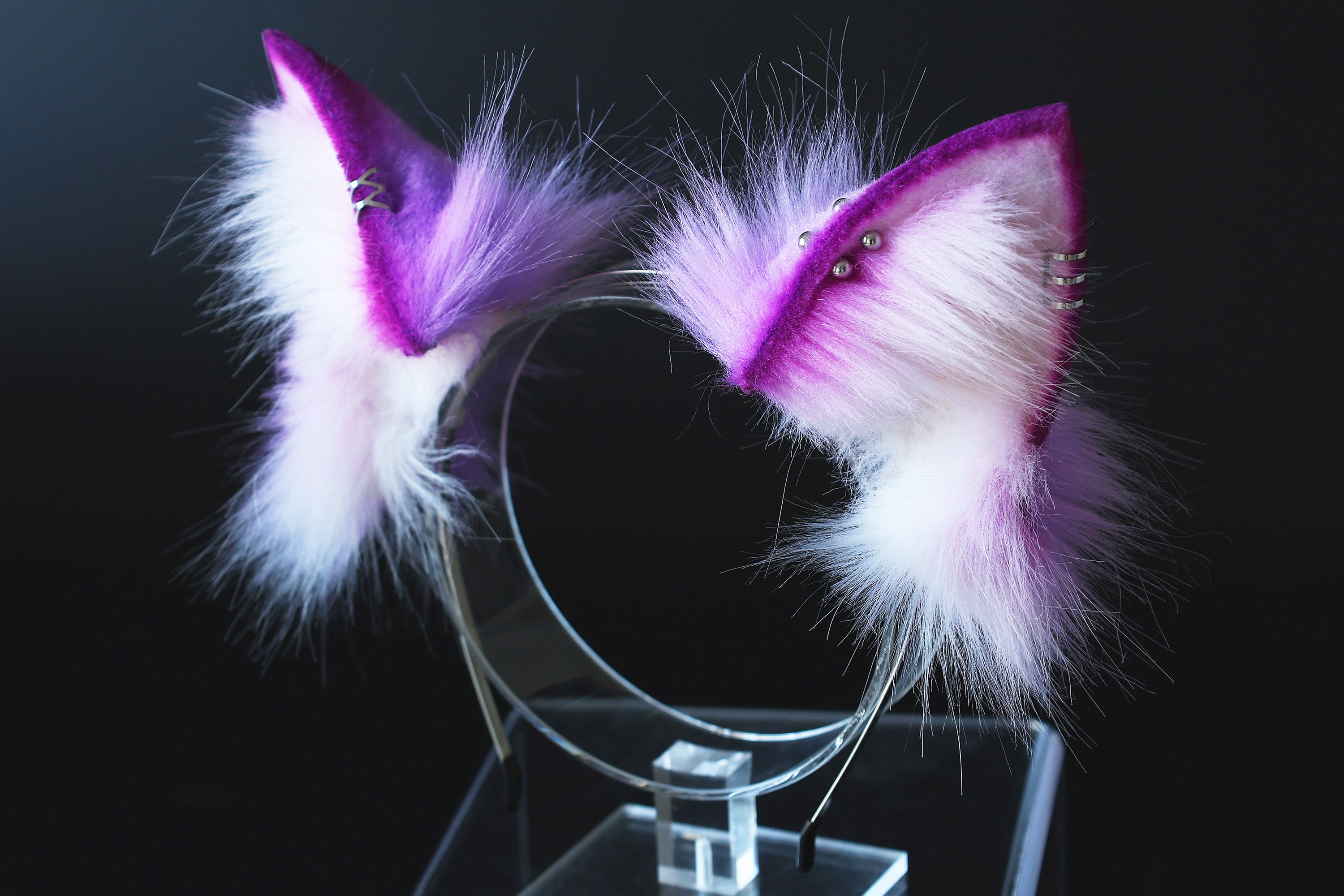 Purple white faux fur 3 tailed kitsune tail plug and ear set 3 fox tails and ears kitten ear and tail set wolf ear and tail anime cosplay role play