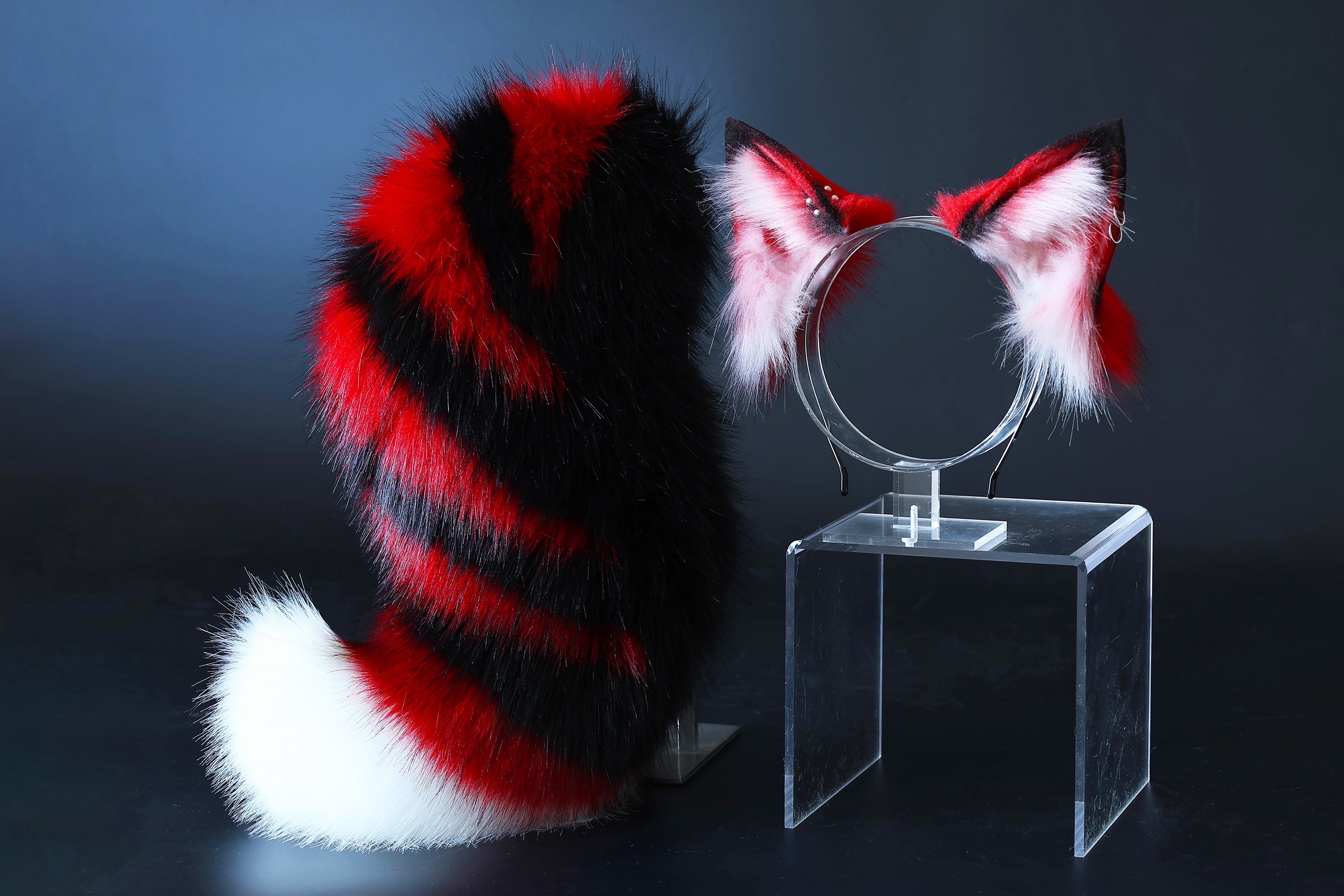 Red black stripe faux fur fox tail plug and ear wolf tail buttplug and ear kitten ear and tail plug set curved tail and ear plug cosplay