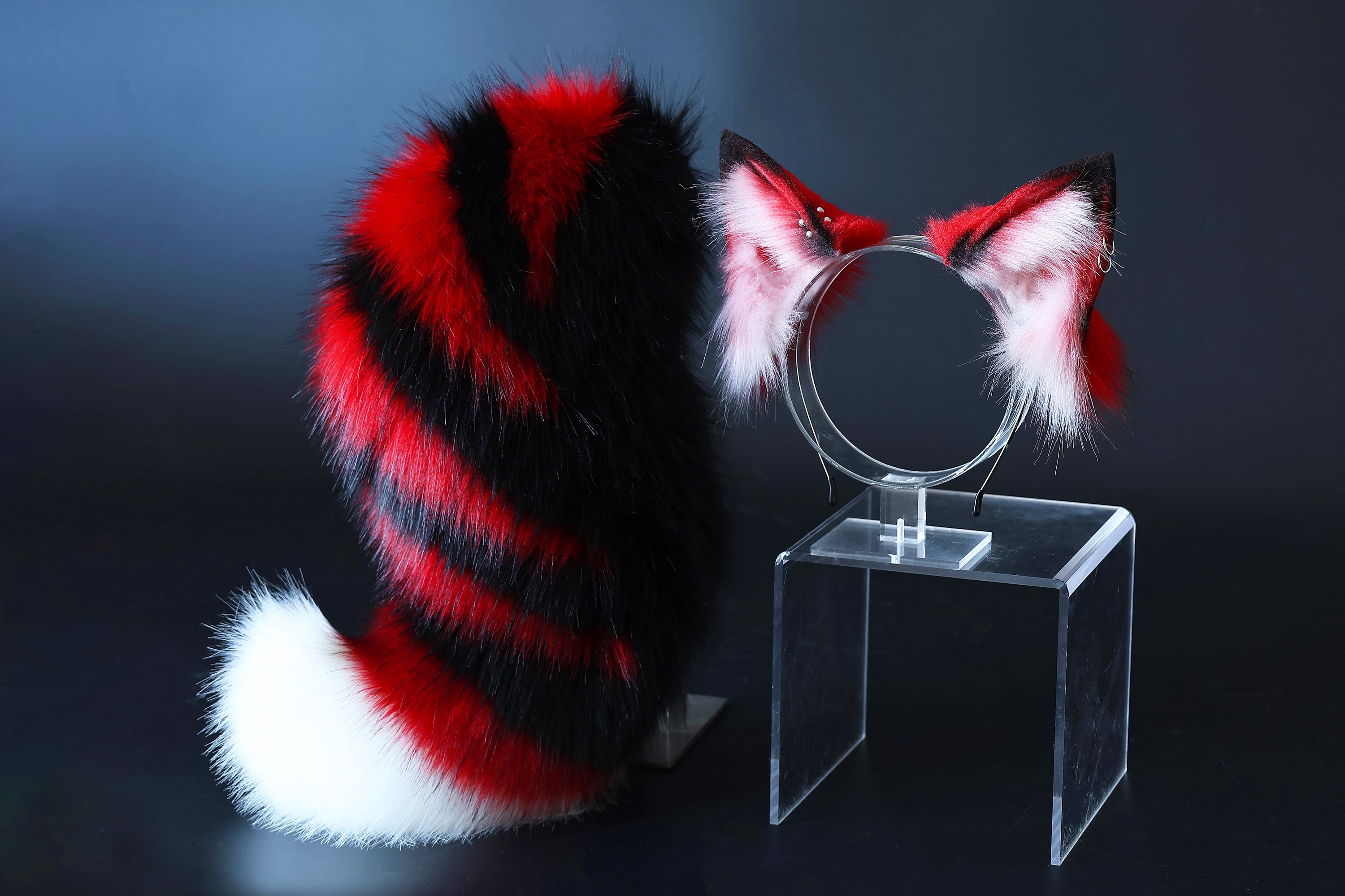 Red black stripe faux fur fox tail plug and ear wolf tail buttplug and ear kitten ear and tail plug set curved tail and ear plug cosplay