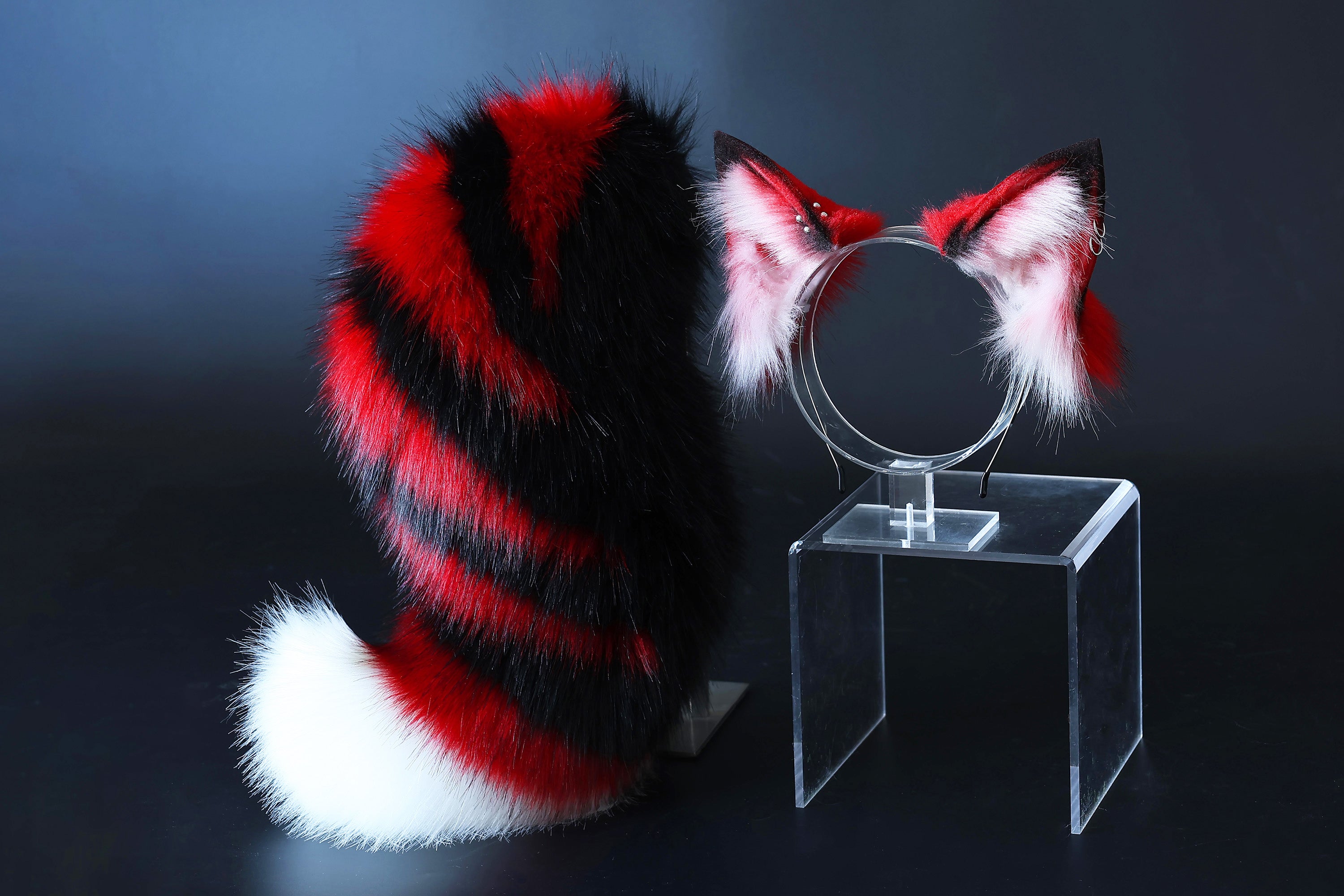 Red black stripe faux fur fox tail plug and ear wolf tail buttplug and ear kitten ear and tail plug set curved tail and ear plug cosplay
