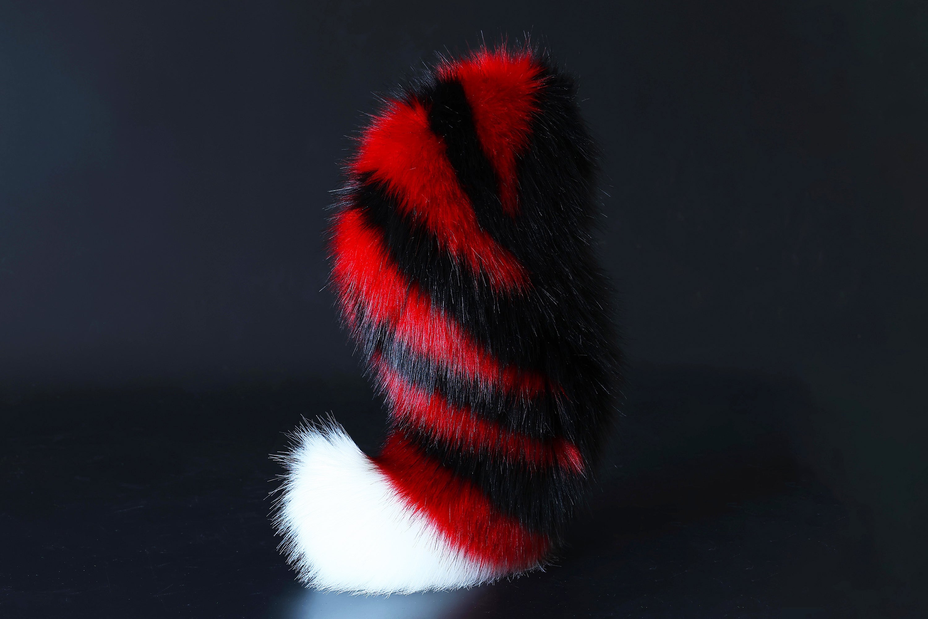 Red black stripe faux fur fox tail plug and ear wolf tail buttplug and ear kitten ear and tail plug set curved tail and ear plug cosplay