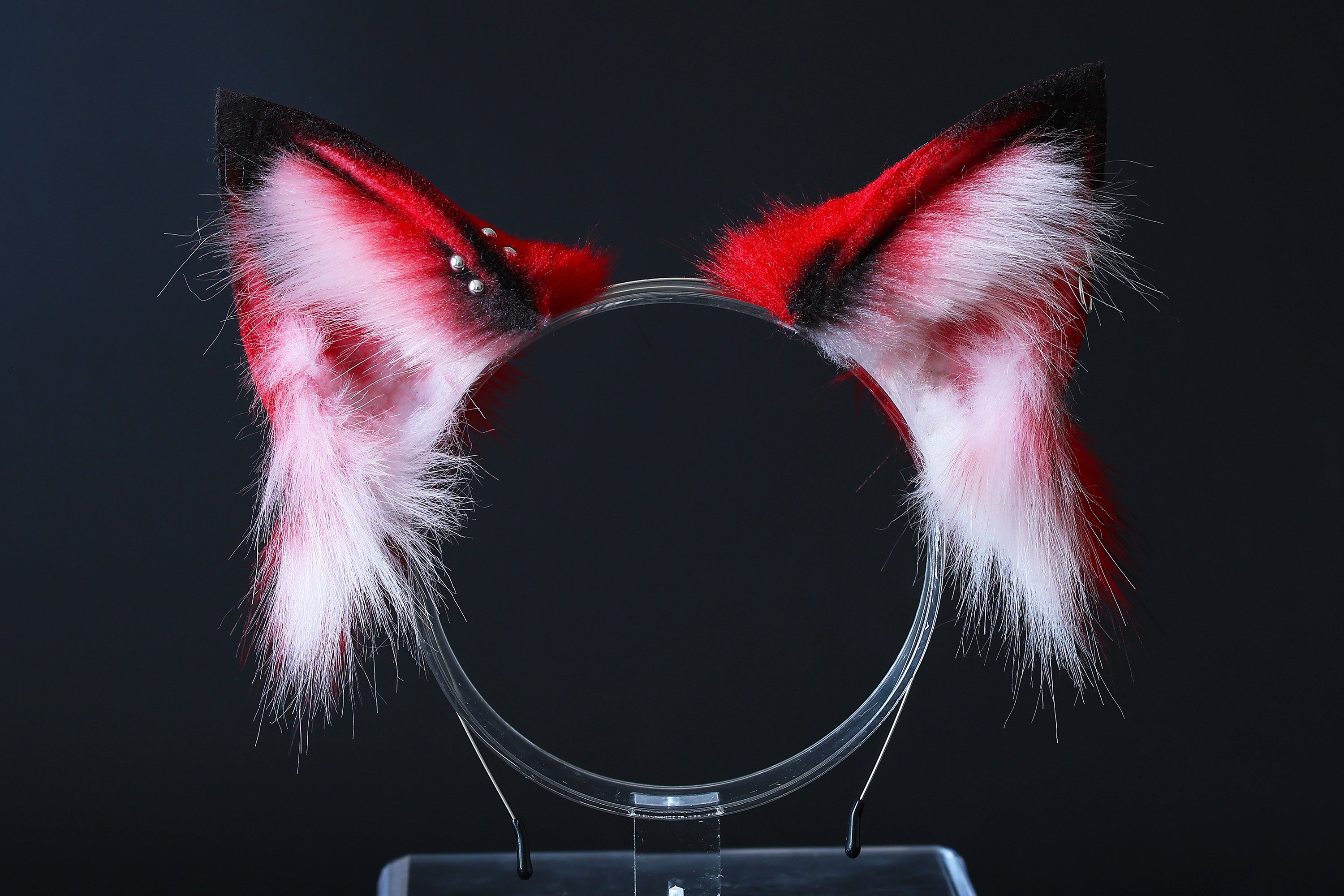 Red black stripe faux fur fox tail plug and ear wolf tail buttplug and ear kitten ear and tail plug set curved tail and ear plug cosplay