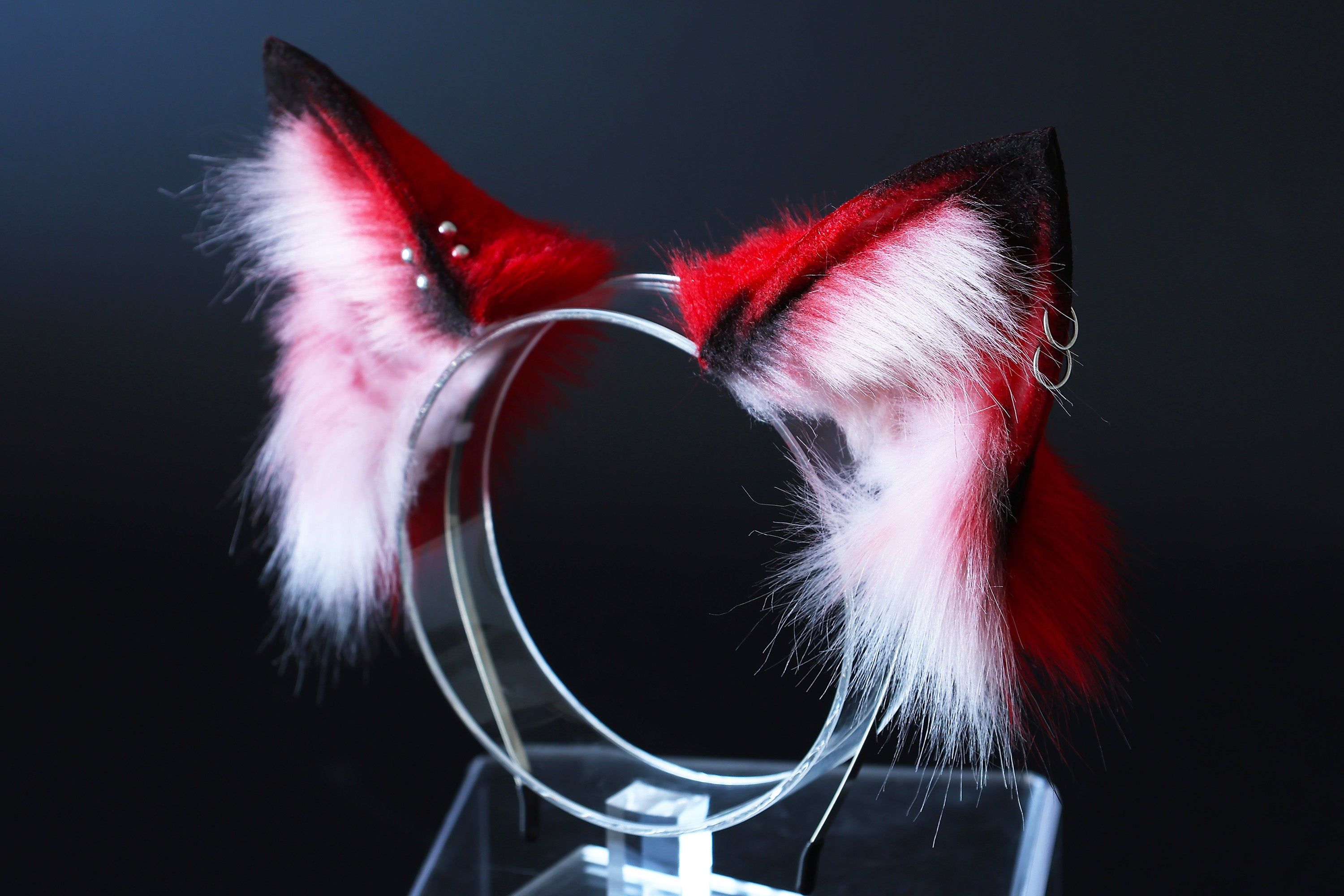 Red black stripe faux fur fox tail plug and ear wolf tail buttplug and ear kitten ear and tail plug set curved tail and ear plug cosplay