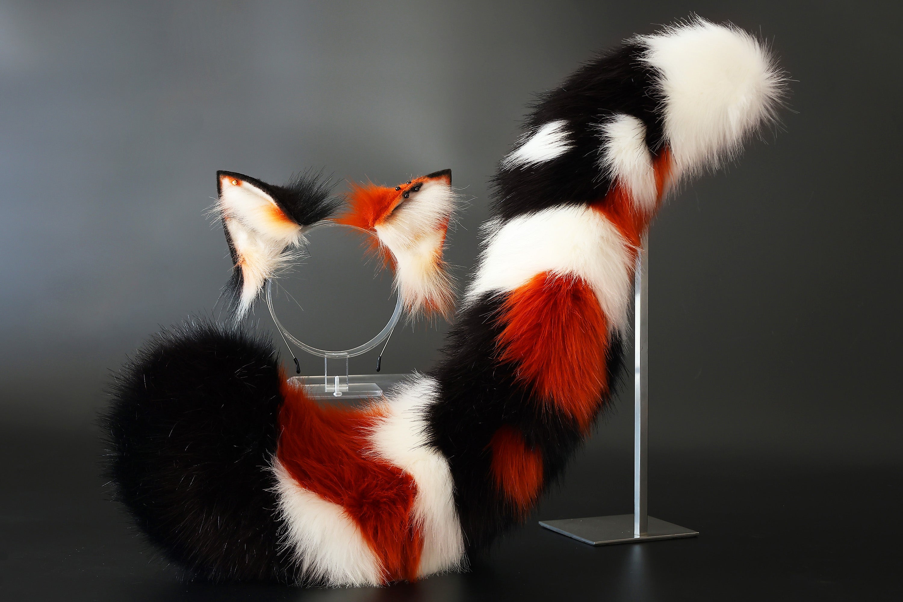 Multicolor stitching faux fur fox ears and tail curved wolf tail and ears cat tail and ears kitten ears and tail set anime cosplay role play