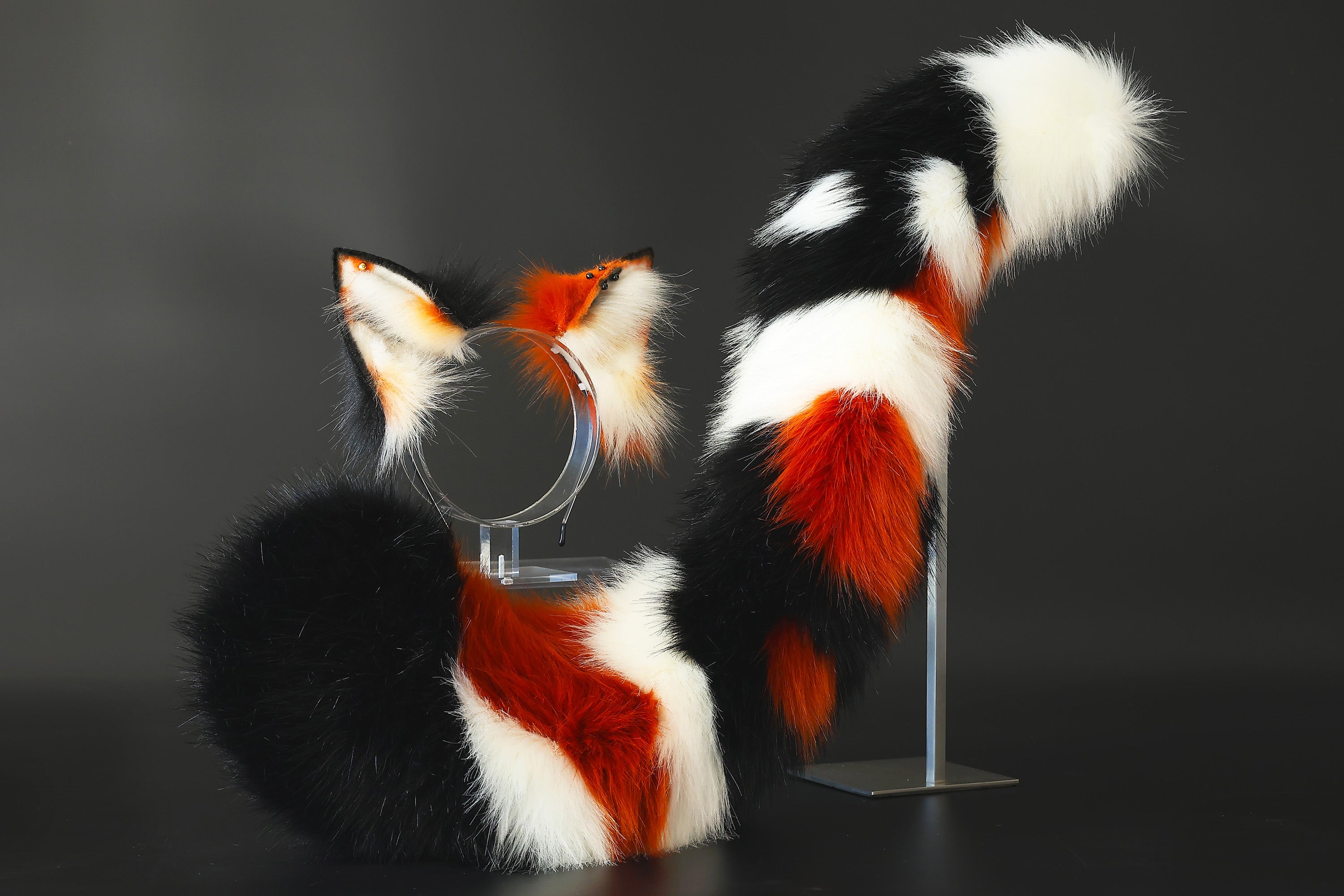 Multicolor stitching faux fur fox ears and tail curved wolf tail and ears cat tail and ears kitten ears and tail set anime cosplay role play