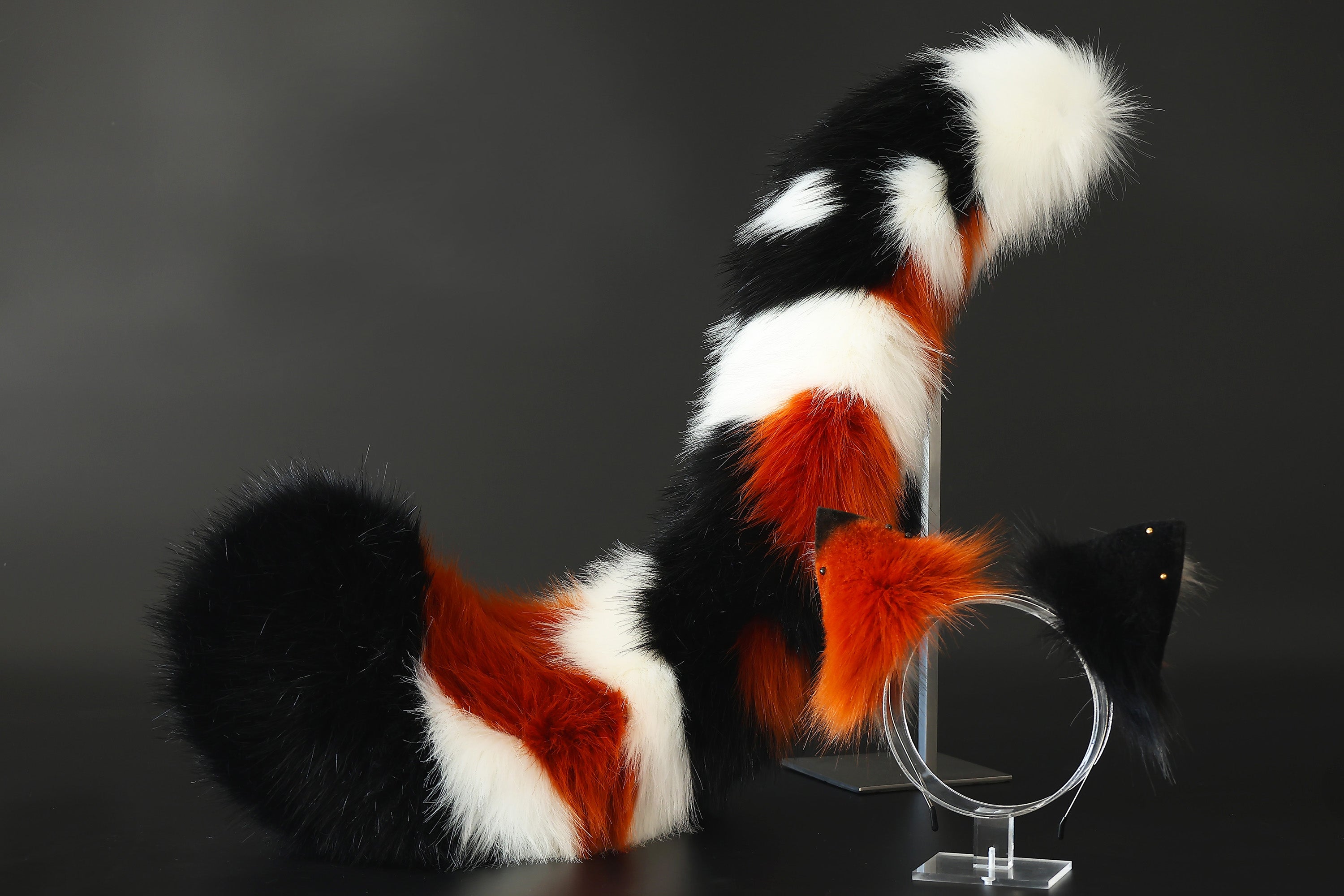 Multicolor stitching faux fur fox ears and tail curved wolf tail and ears cat tail and ears kitten ears and tail set anime cosplay role play