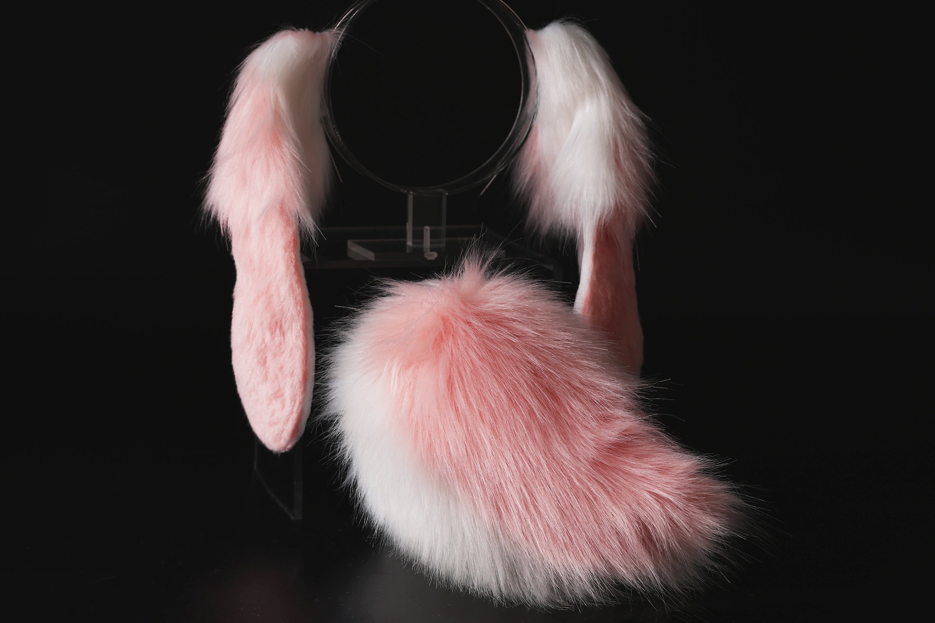 Pink white soft lop bunny ear and tail cosplay realistic faux fur floppy rabbit ears tail set bunny kemonomim rabbit therian