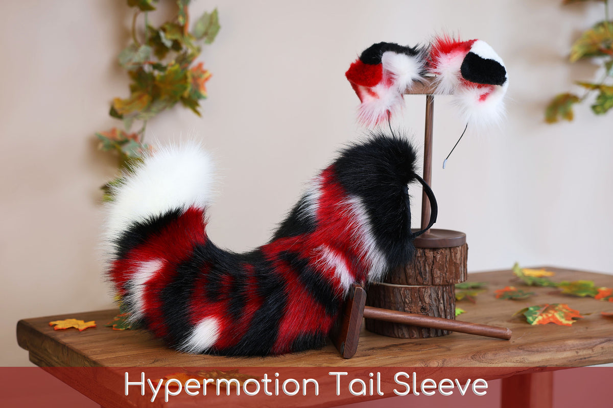 Hyper motion puppy tail sleeve and ears faux fur dog sleeves for silicone base - Red splicing super motion tail covers - therian kemonomimi