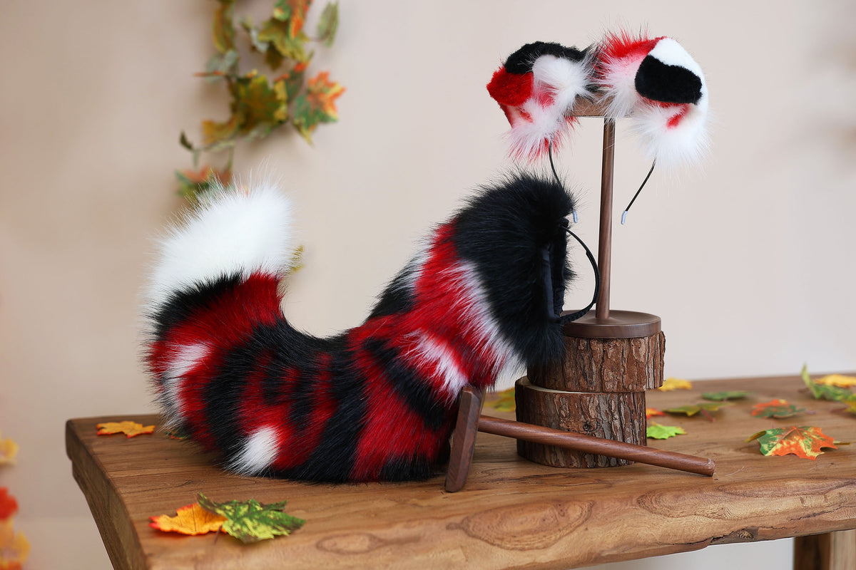 Hyper motion puppy tail sleeve and ears faux fur dog sleeves for silicone base - Red splicing super motion tail covers - therian kemonomimi