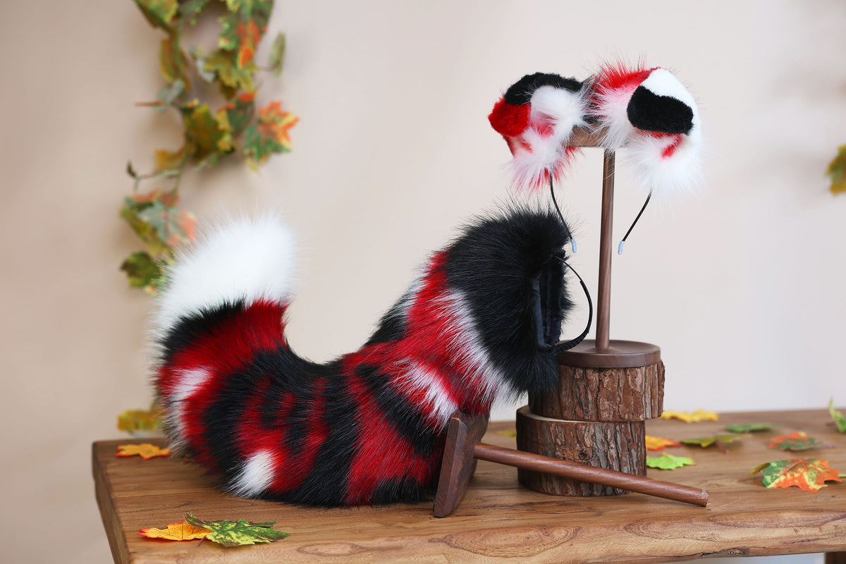 Hyper motion puppy tail sleeve and ears faux fur dog sleeves for silicone base - Red splicing super motion tail covers - therian kemonomimi