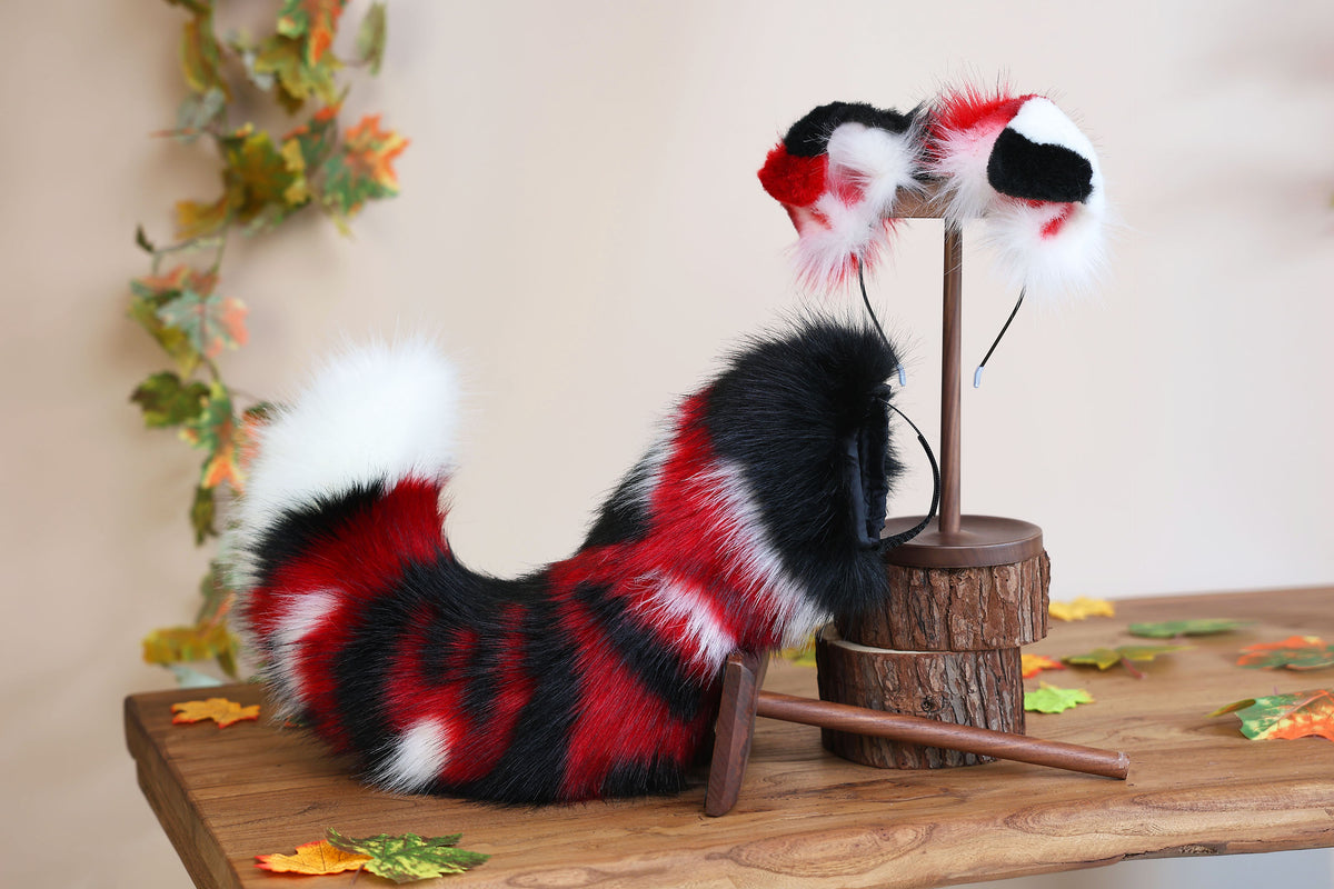 Hyper motion puppy tail sleeve and ears faux fur dog sleeves for silicone base - Red splicing super motion tail covers - therian kemonomimi