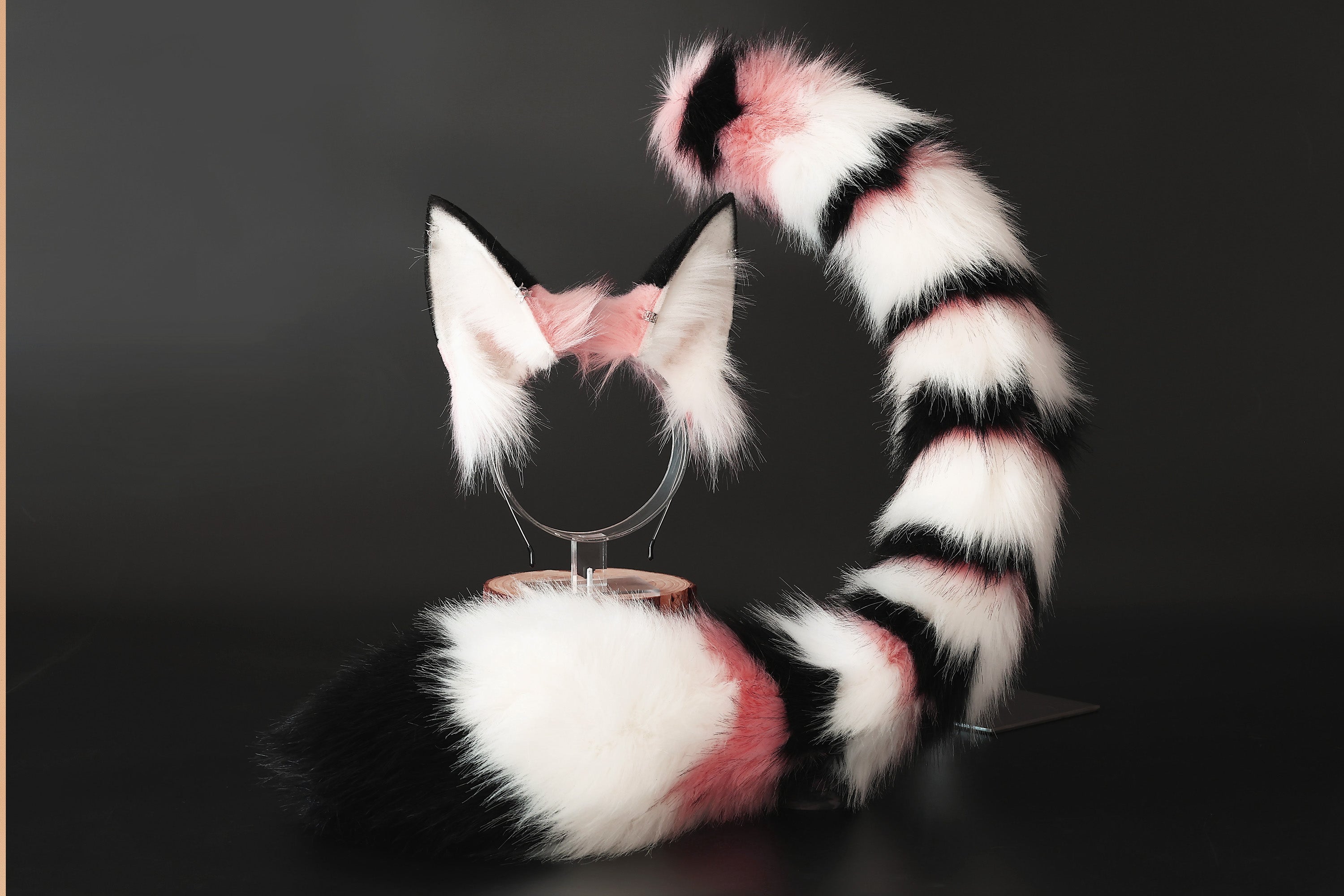 Multicolor stitching faux fur cat ears and tail butt plug curved fox tail and ears wolf tail and ears kitten ears and tail set anime cosplay role play