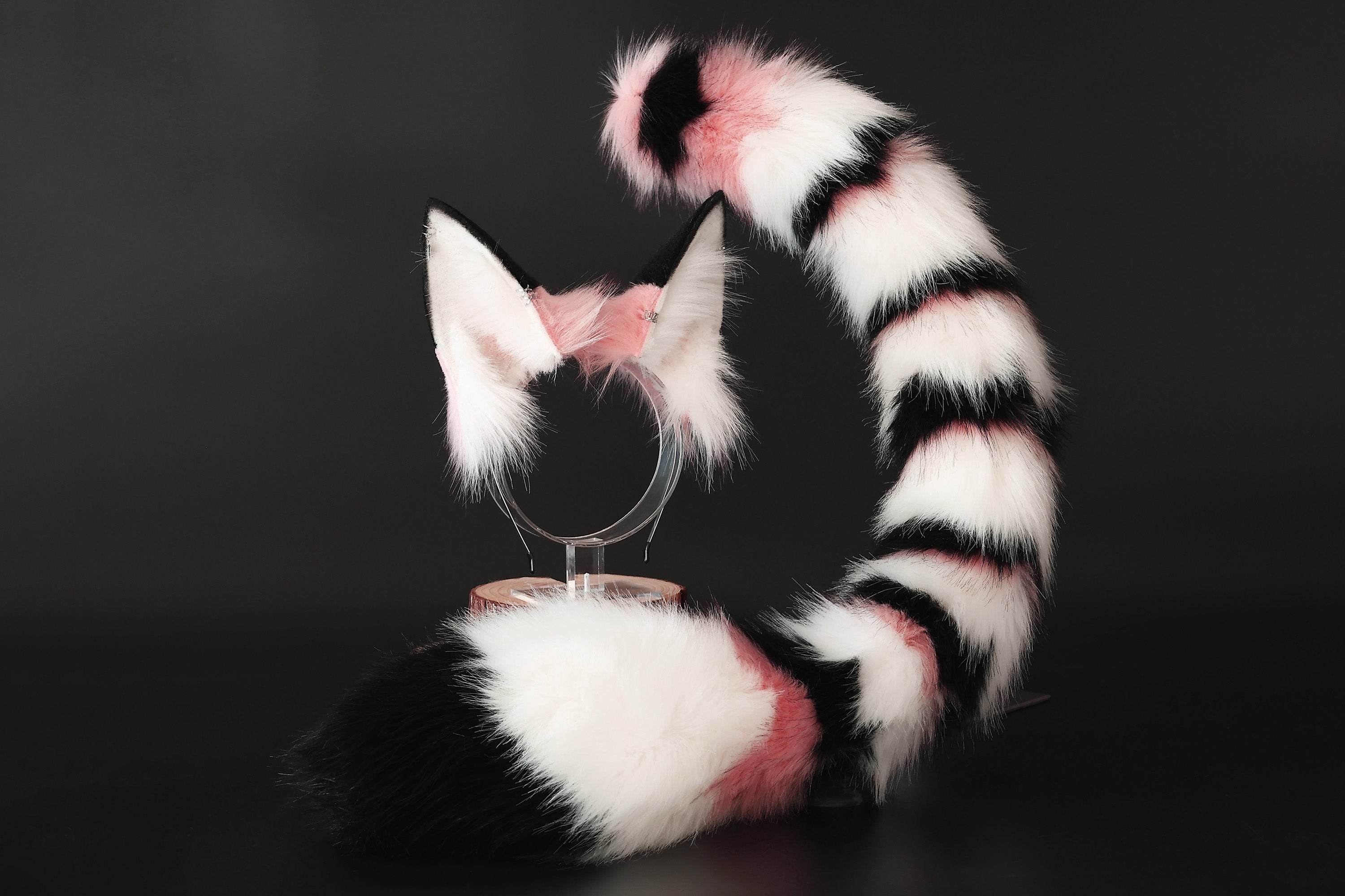 Multicolor stitching faux fur cat ears and tail butt plug curved fox tail and ears wolf tail and ears kitten ears and tail set anime cosplay role play