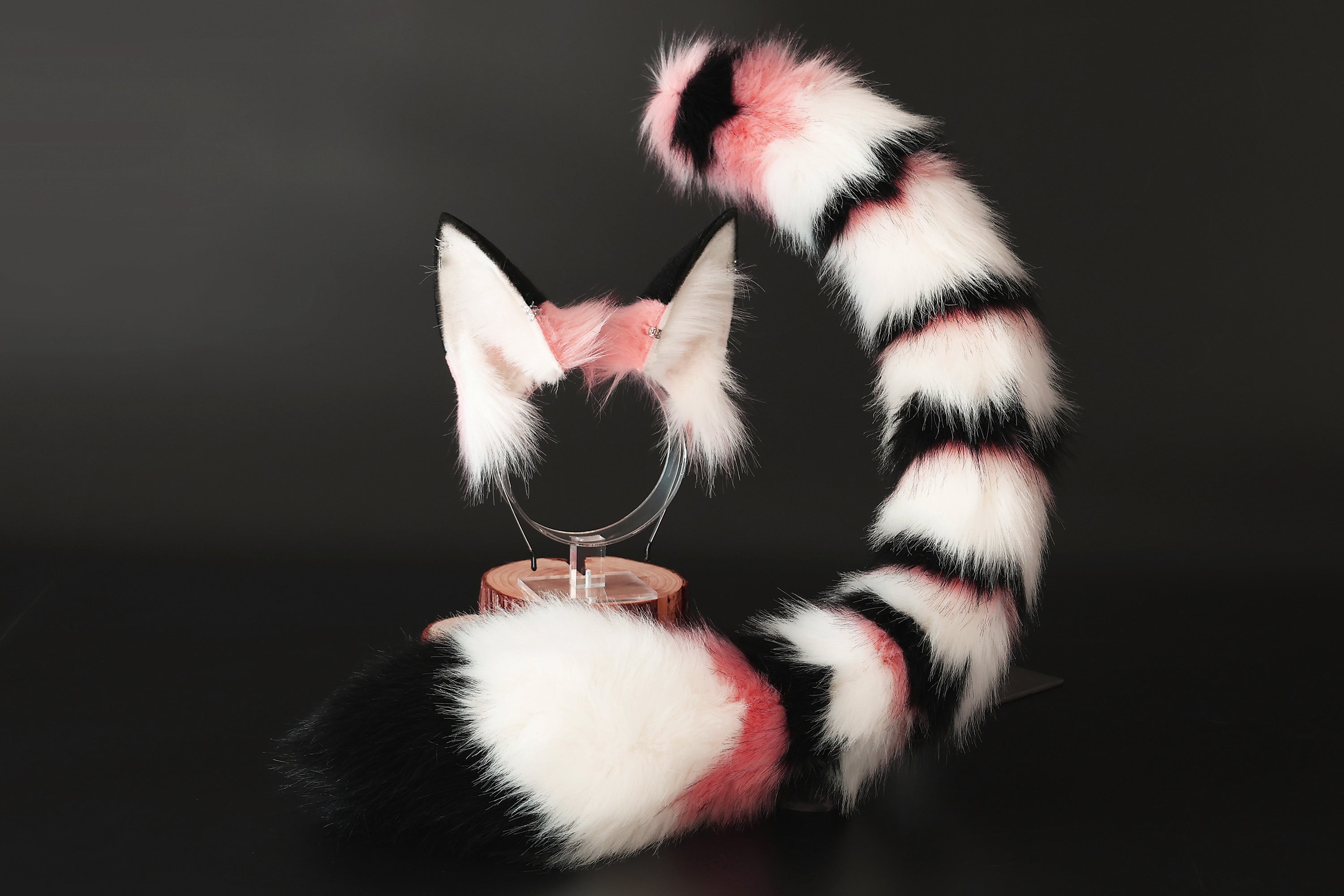 Multicolor stitching faux fur cat ears and tail butt plug curved fox tail and ears wolf tail and ears kitten ears and tail set anime cosplay role play