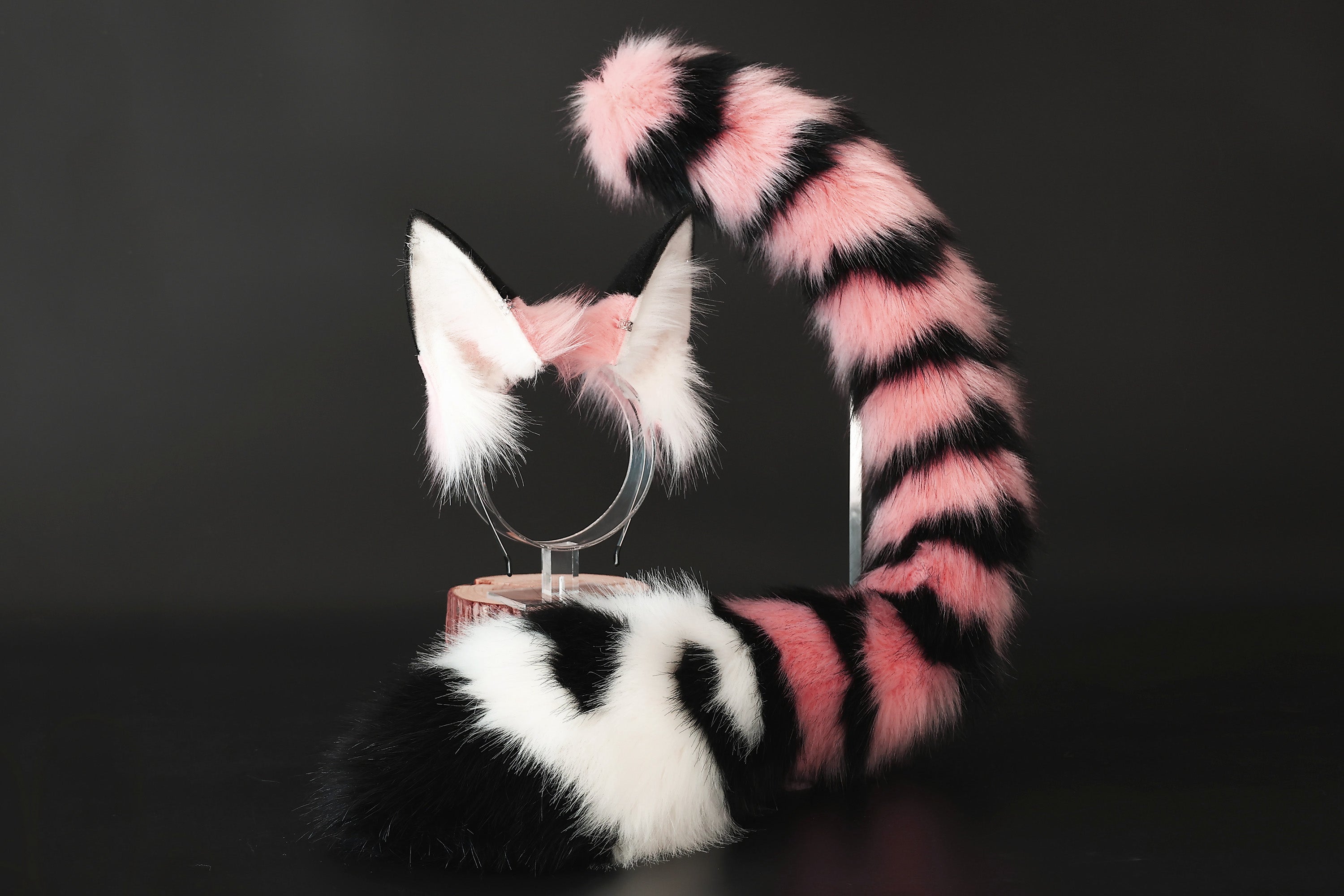 Pink and black stripes faux fur cat ears and tail kemonomimi curved fox tail and ears wolf tail plug and ears kitten ears anime cosplay role play