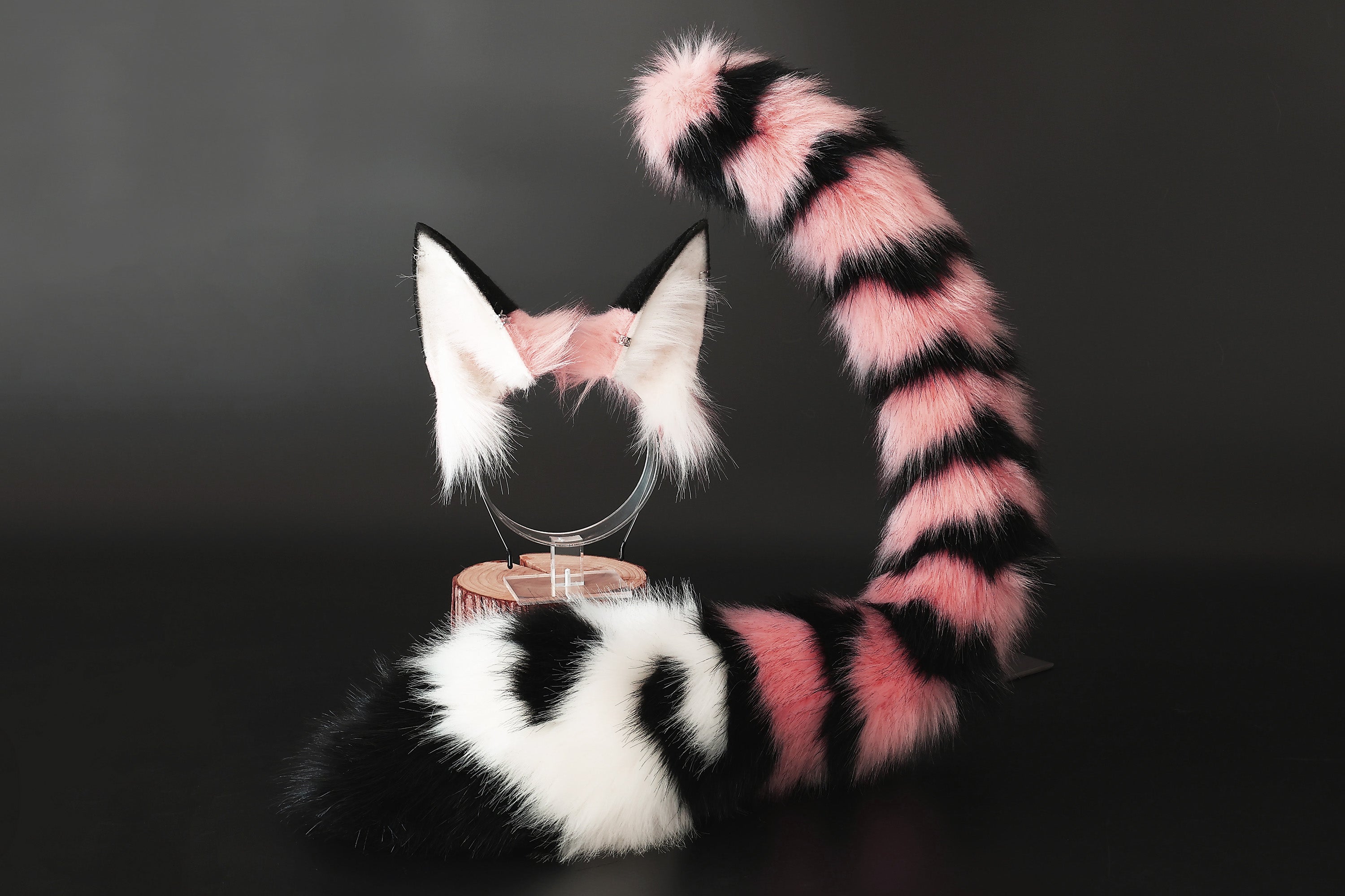 Pink and black stripes faux fur cat ears and tail kemonomimi curved fox tail and ears wolf tail plug and ears kitten ears anime cosplay role play