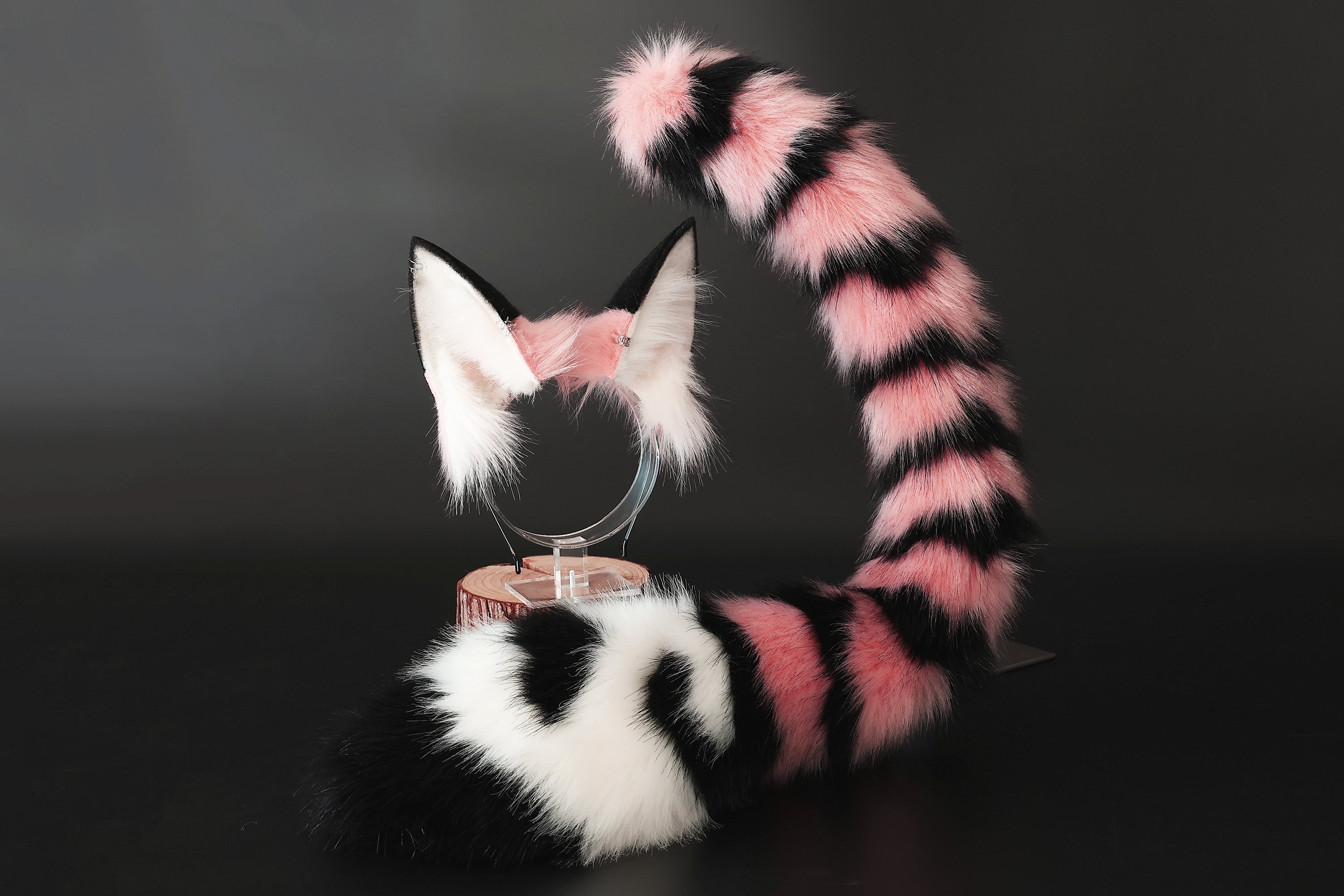 Pink and black stripes faux fur cat ears and tail kemonomimi curved fox tail and ears wolf tail plug and ears kitten ears anime cosplay role play