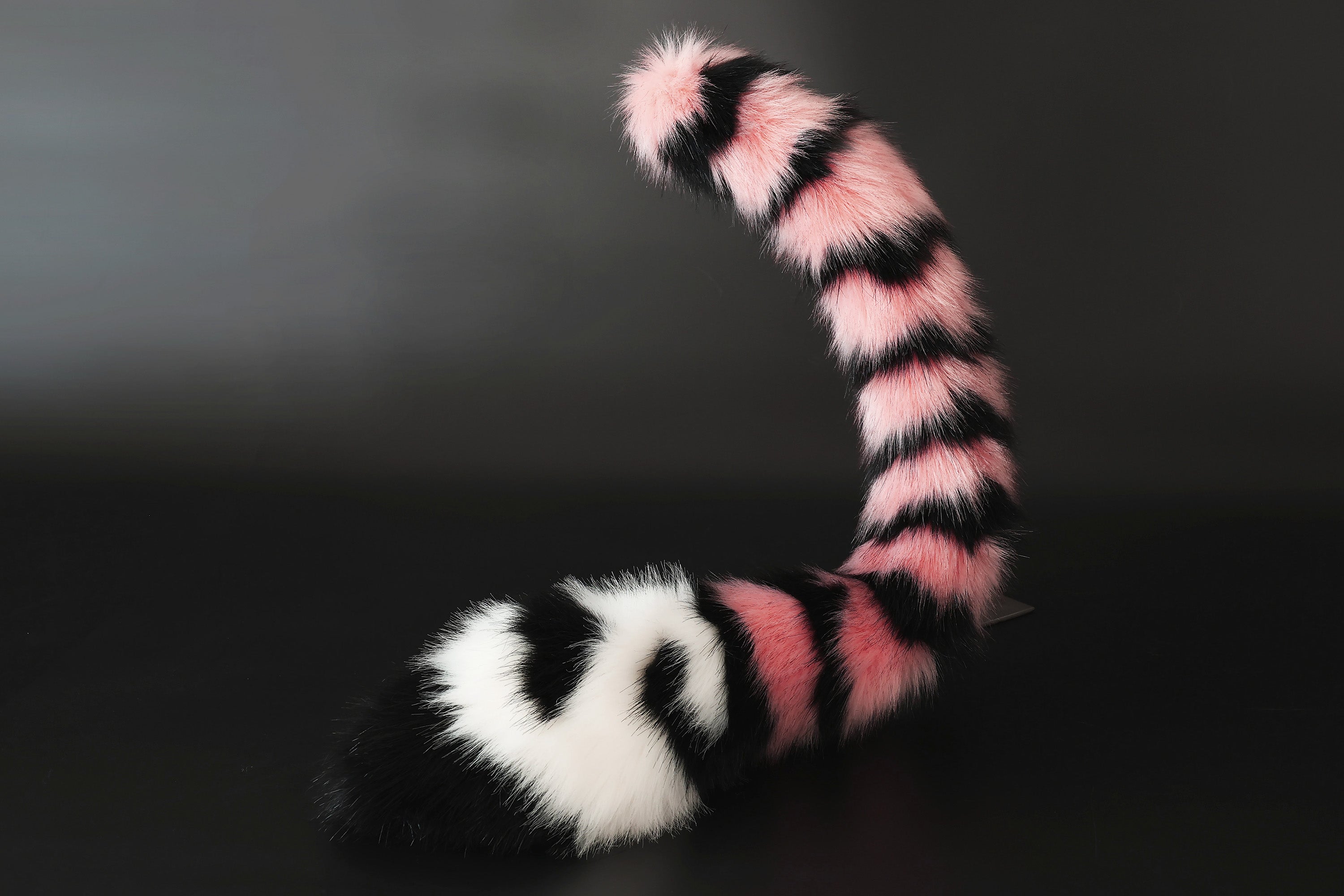 Pink and black stripes faux fur cat ears and tail kemonomimi curved fox tail and ears wolf tail plug and ears kitten ears anime cosplay role play