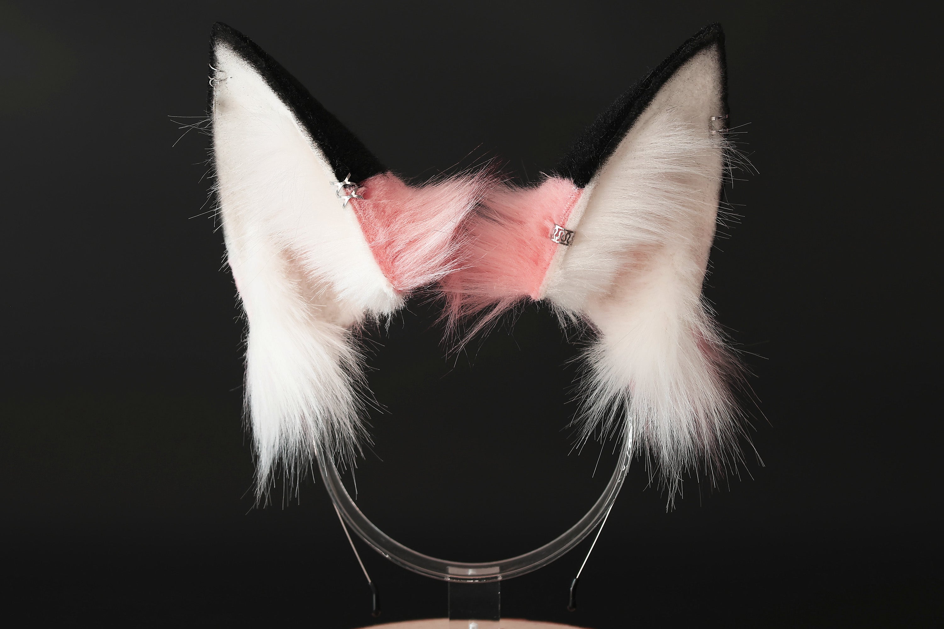 Pink and black stripes faux fur cat ears and tail kemonomimi curved fox tail and ears wolf tail plug and ears kitten ears anime cosplay role play