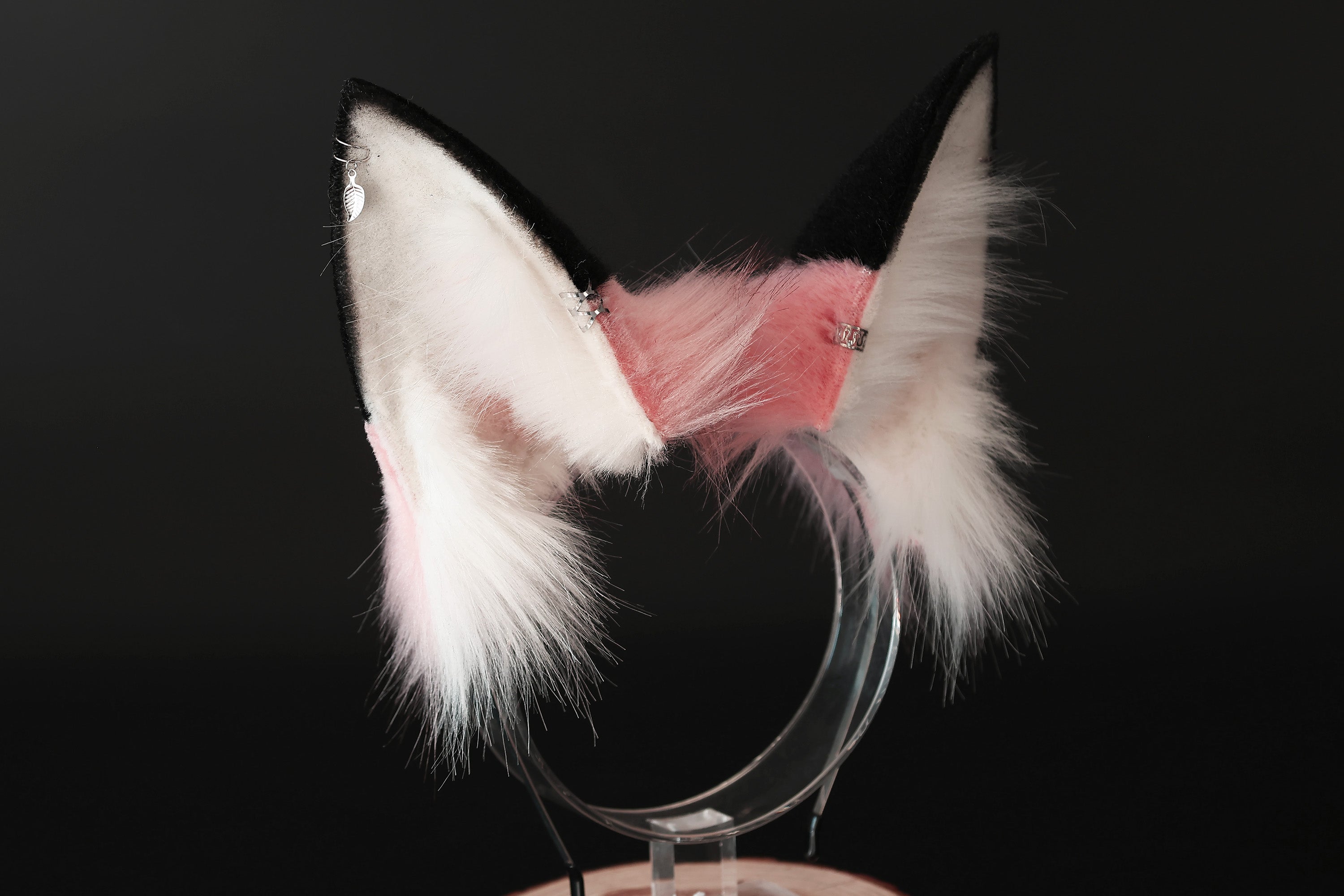 Pink and black stripes faux fur cat ears and tail kemonomimi curved fox tail and ears wolf tail plug and ears kitten ears anime cosplay role play
