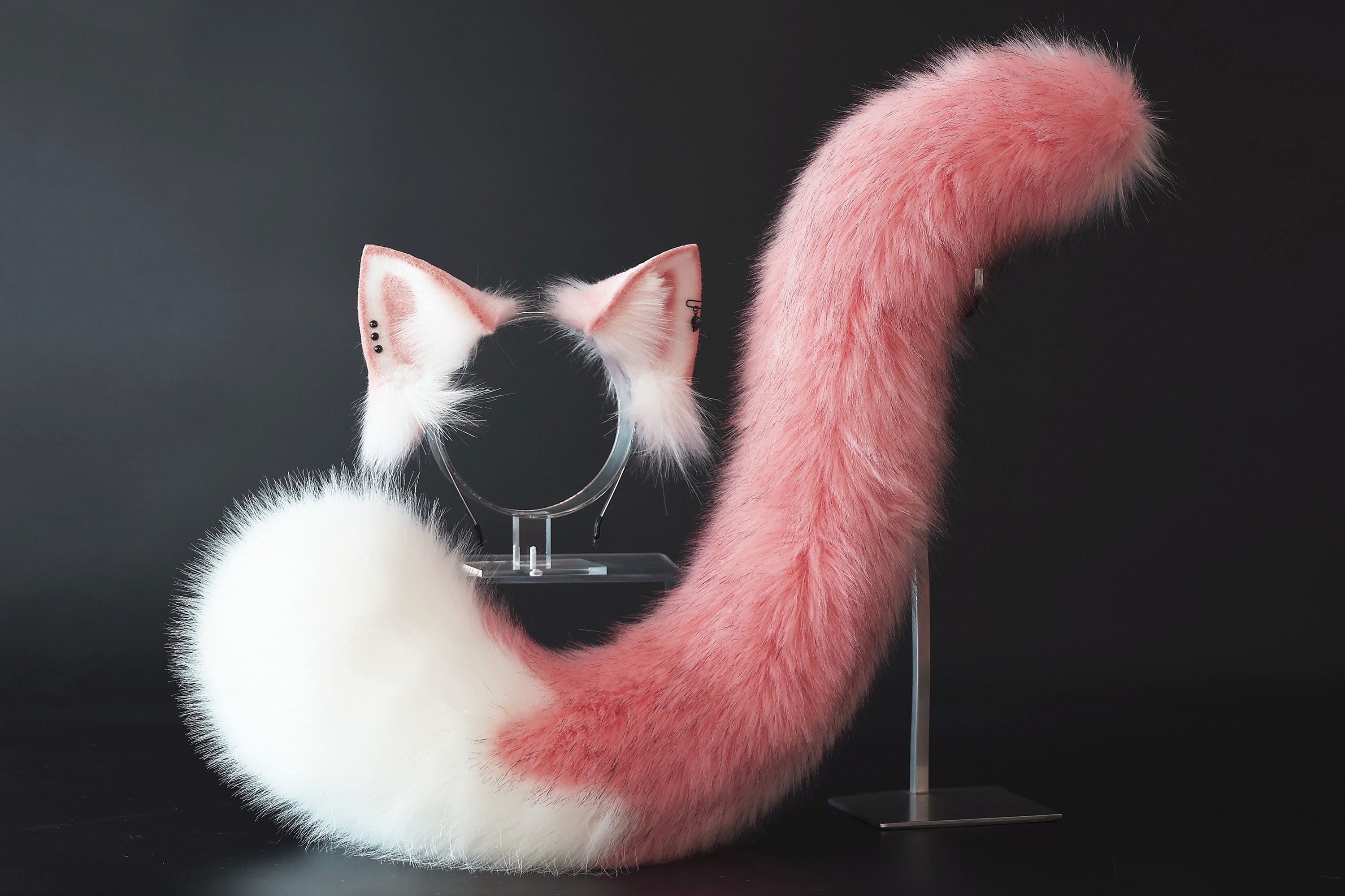 Pink and white stitching cat tail and ears kitten ears and tail set fox ears and tail curved wolf tail and ears anime cosplay role play