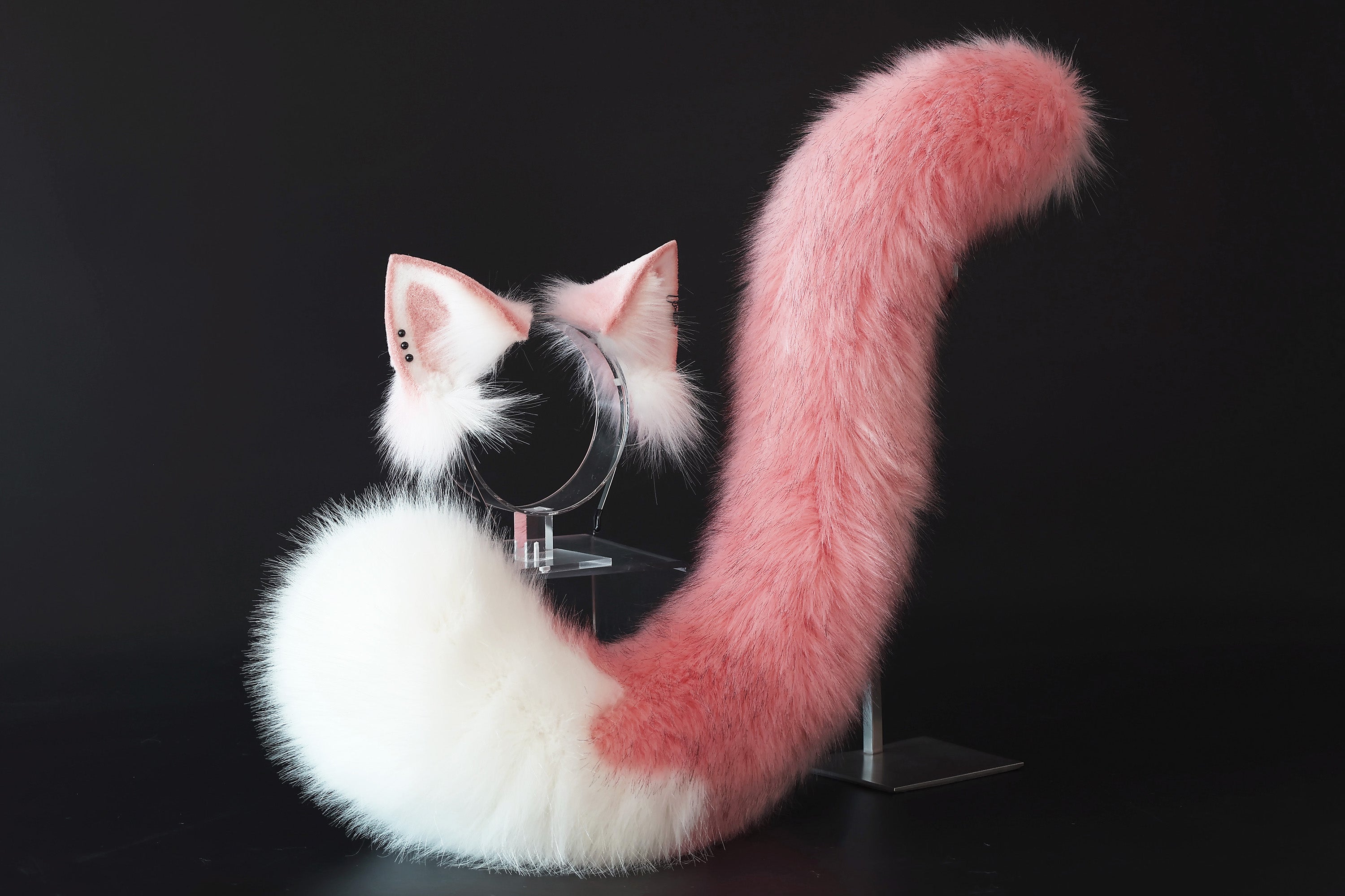Pink and white stitching cat tail and ears kitten ears and tail set fox ears and tail curved wolf tail and ears anime cosplay role play