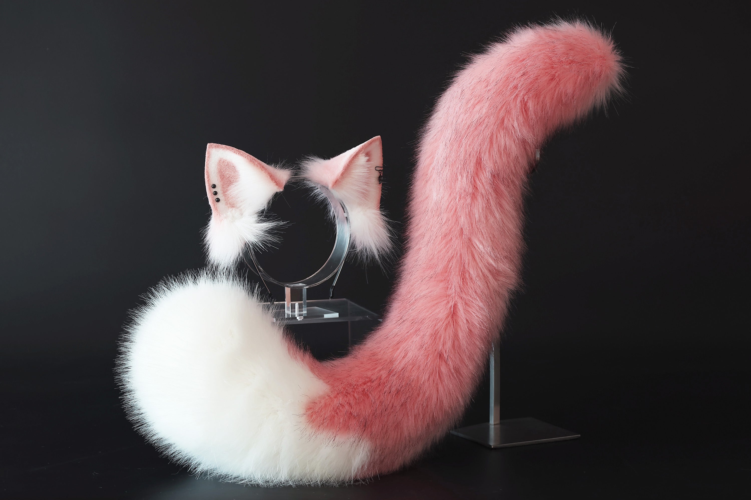 Pink and white stitching cat tail and ears kitten ears and tail set fox ears and tail curved wolf tail and ears anime cosplay role play