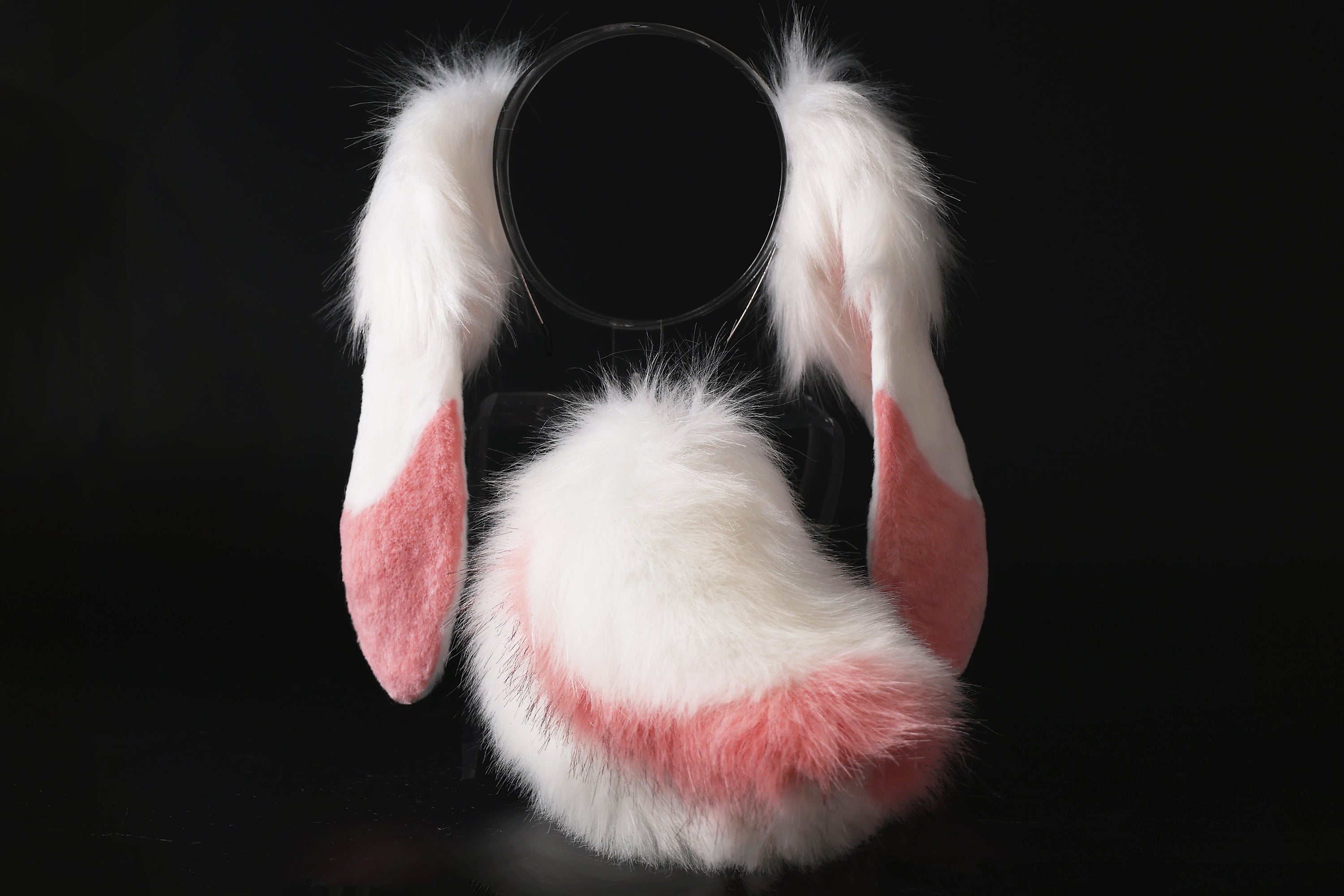 Pink white soft lop bunny ear and tail cosplay realistic faux fur floppy rabbit ears tail bunny kemonomimi rabbit  therian
