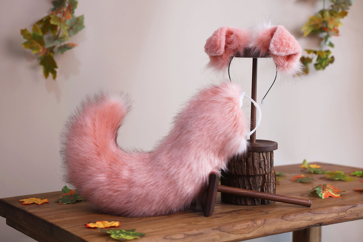 Pink faux fur puppy tail sleeve and ears faux fur dog sleeves for hyper motion silicone base - super motion tail covers therian kemonomimi