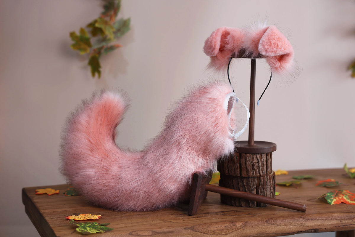 Pink faux fur puppy tail sleeve and ears faux fur dog sleeves for hyper motion silicone base - super motion tail covers therian kemonomimi