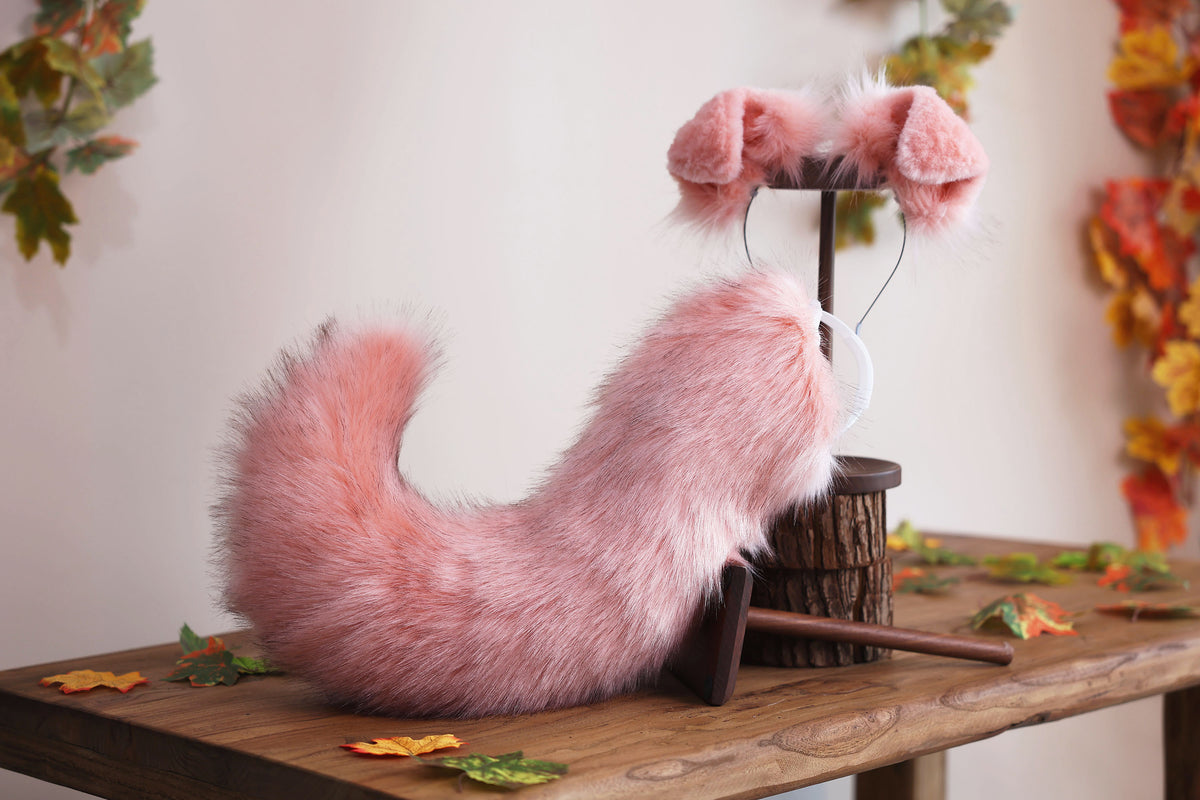 Pink faux fur puppy tail sleeve and ears faux fur dog sleeves for hyper motion silicone base - super motion tail covers therian kemonomimi