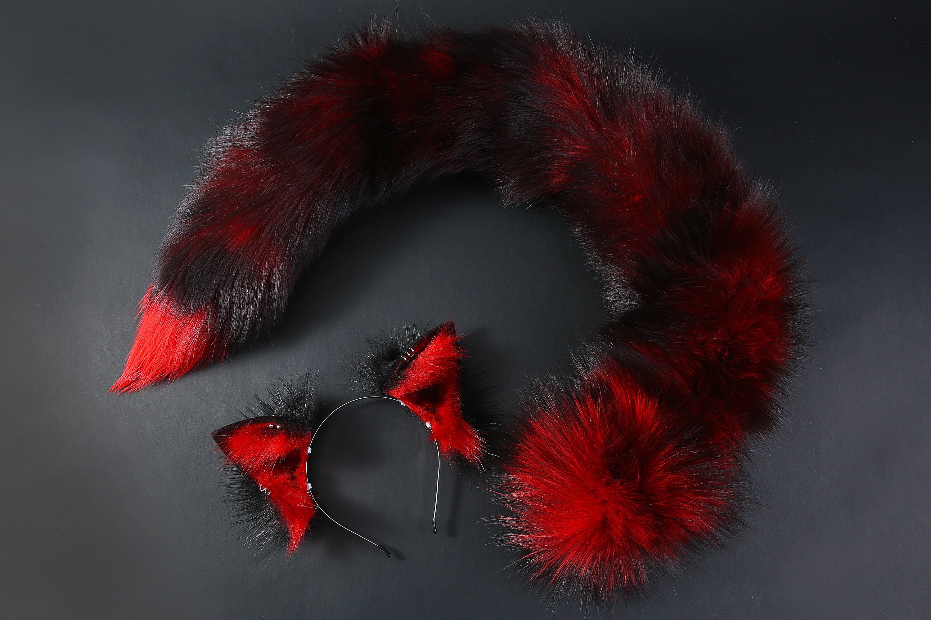 Red black real fur fox tail plug and ear set - fox ear and tail buttplug - wolf tail butt plug - anal plug tail cat ear anime cosplay -mature