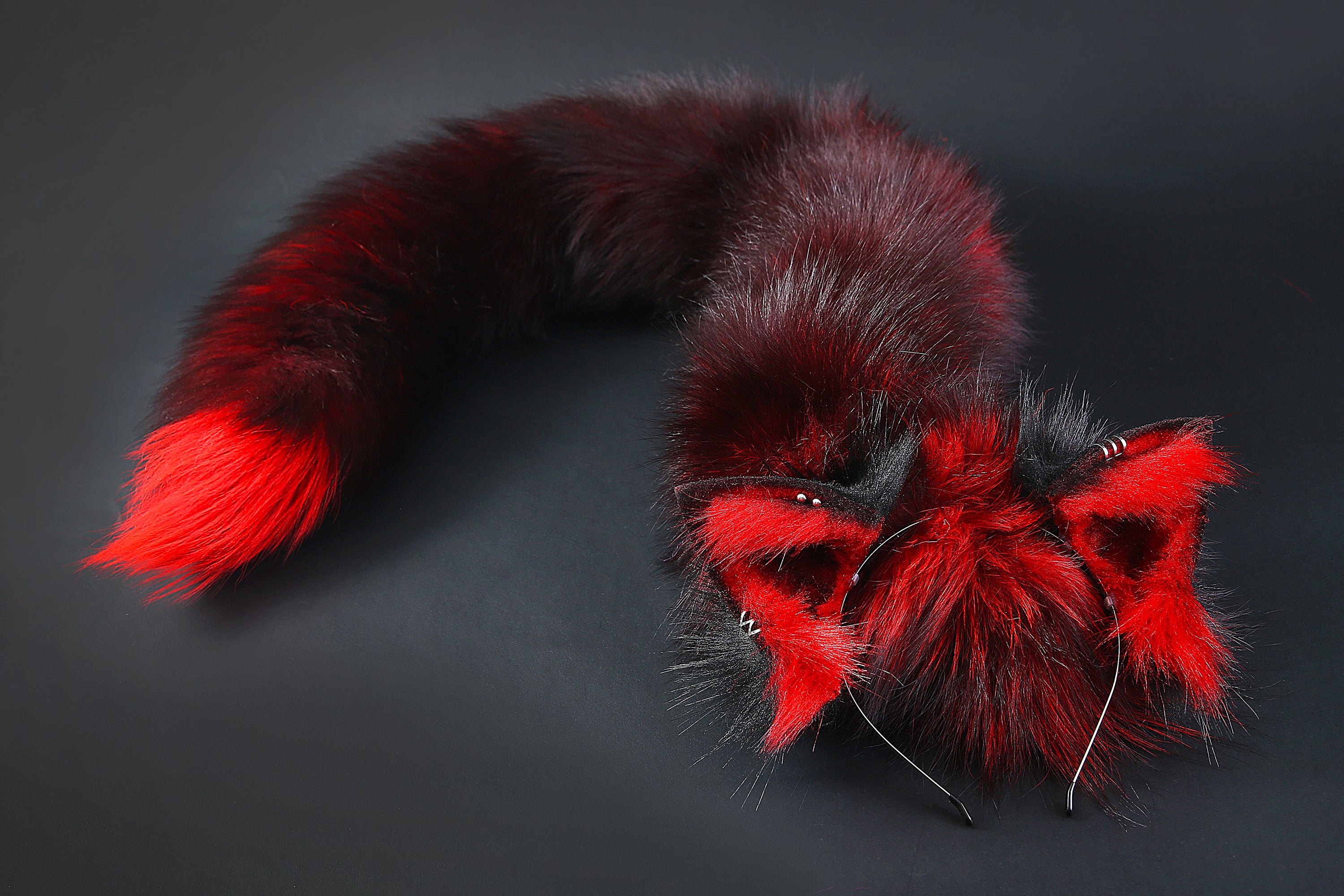 Red black real fur fox tail plug and ear set - fox ear and tail buttplug - wolf tail butt plug - anal plug tail cat ear anime cosplay -mature