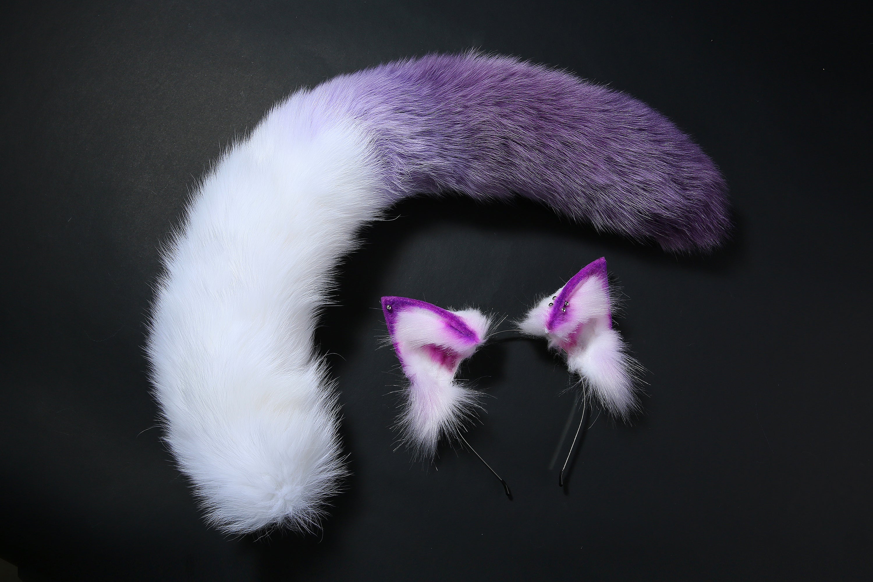 Purple white fox tail and ear set fox ear and tail cosplay wolf tail and ear cat tail anime cosplay kitten ear and tail kittenplay Halloween