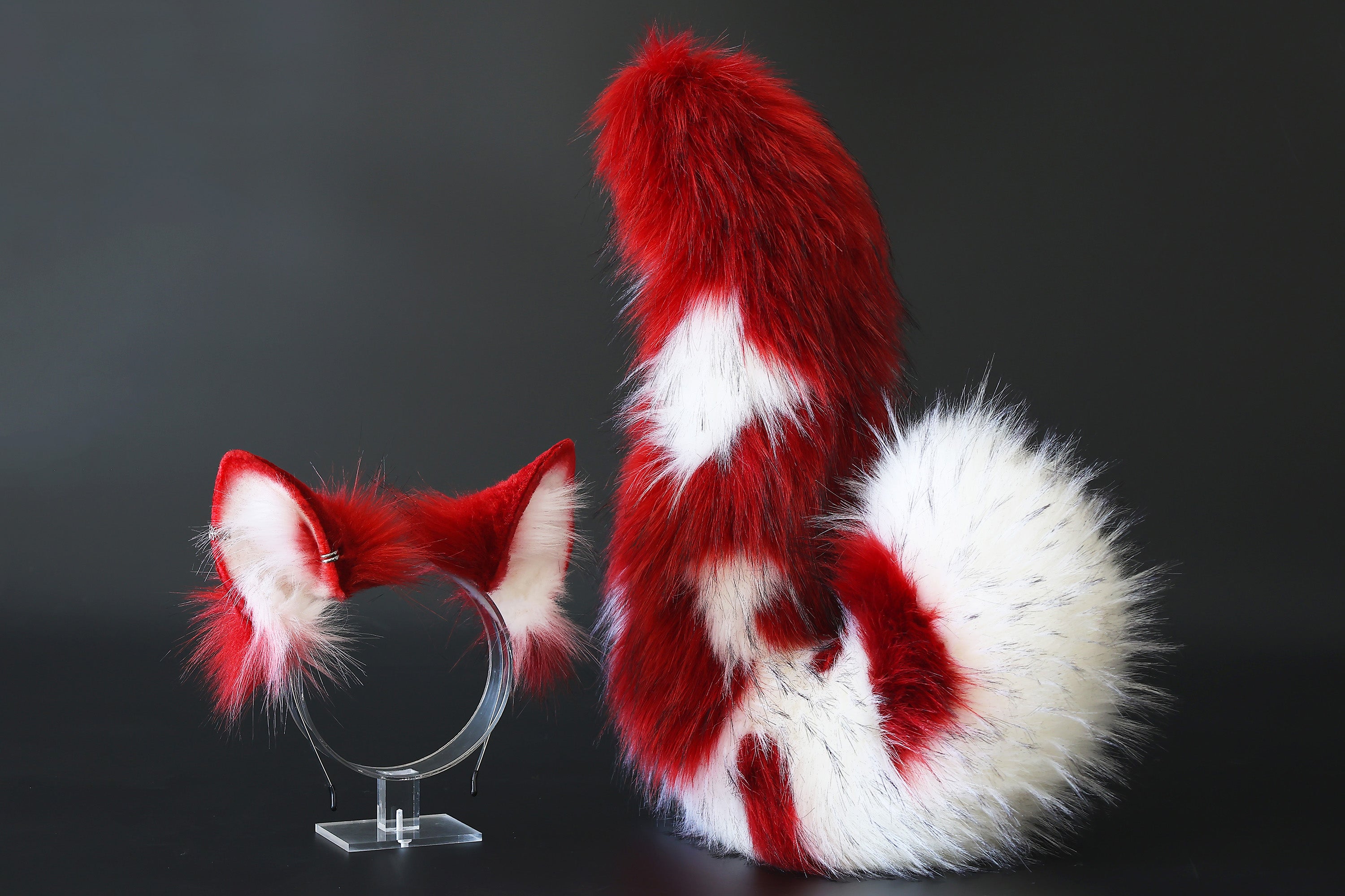 Red white faux fur shepherd dog tail and ear set Shiba Inu dog ear and tail butt plug anime cosplay therian puppy ear and tail puppy girl kemonomimi