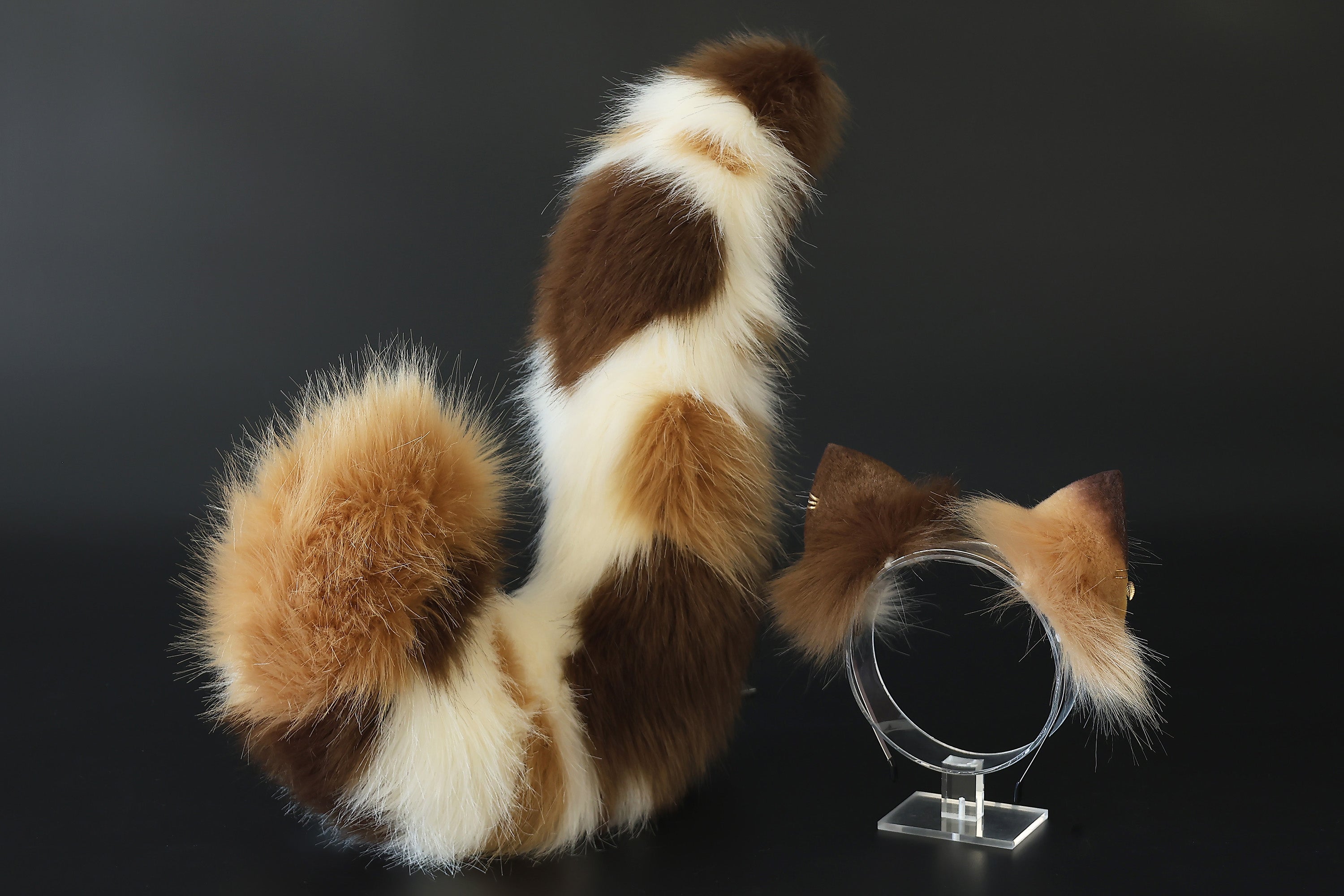 Realistic calico faux fur cat tail and ear kemonomimi kitten ear and tail butt plug anime cosplay therian puppy ear and tail dog ears and tail furry