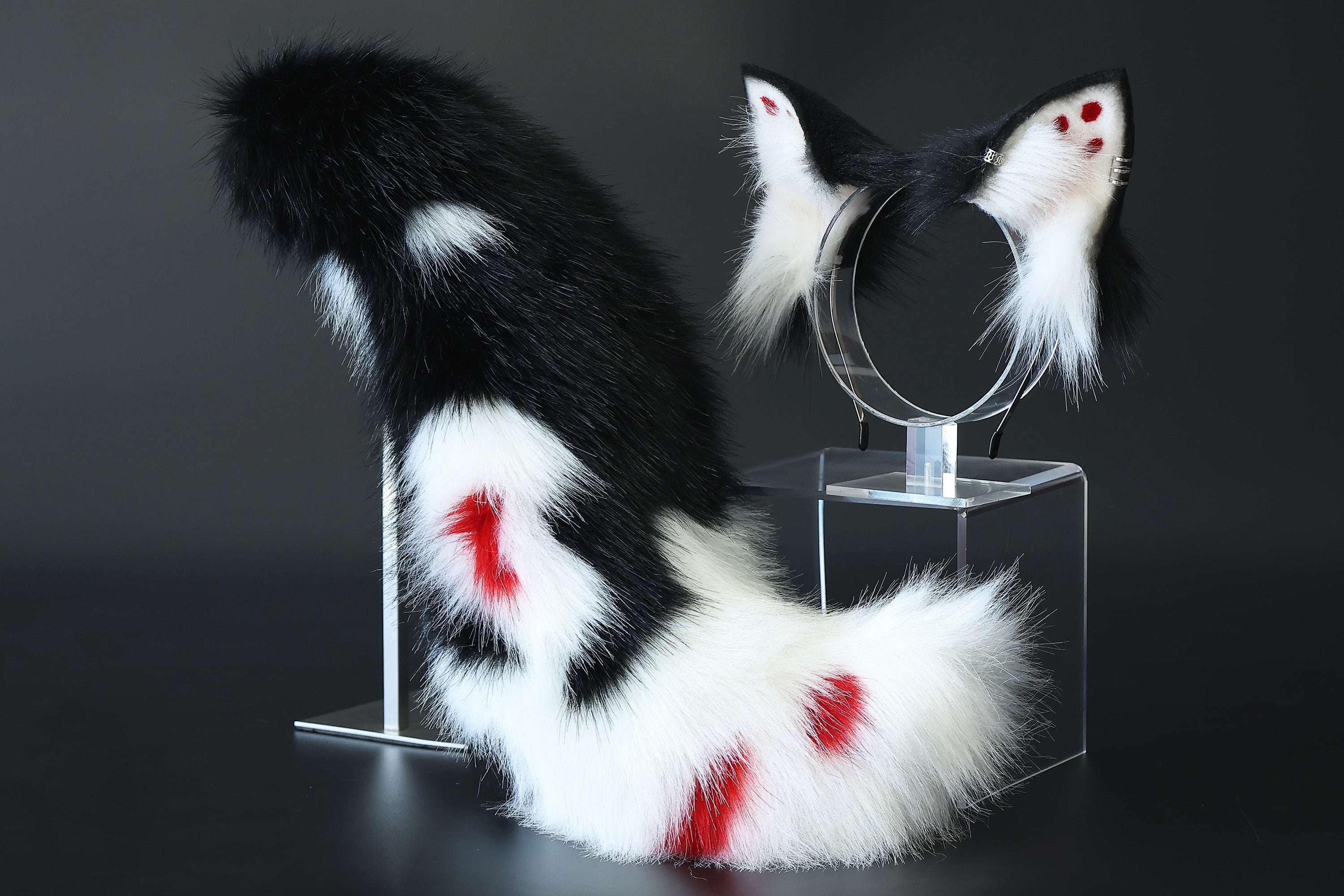 Realistic faux fur fox tail and ear set neon black splicing wolf ear and tail anime cosplay therian cat ear and tail kitten kemonomimi furry