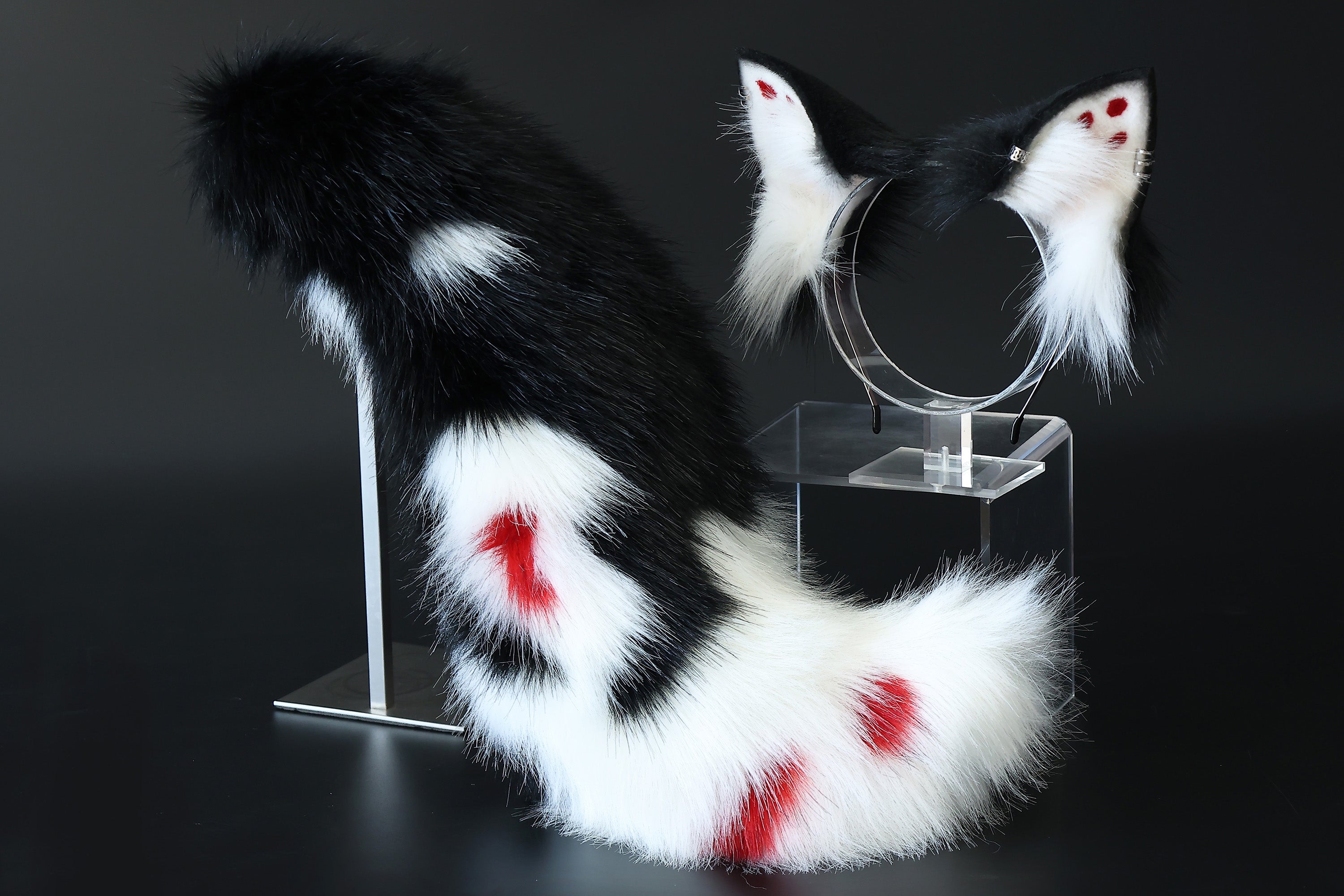 Realistic faux fur fox tail and ear set neon black splicing wolf ear and tail anime cosplay therian cat ear and tail kitten kemonomimi furry