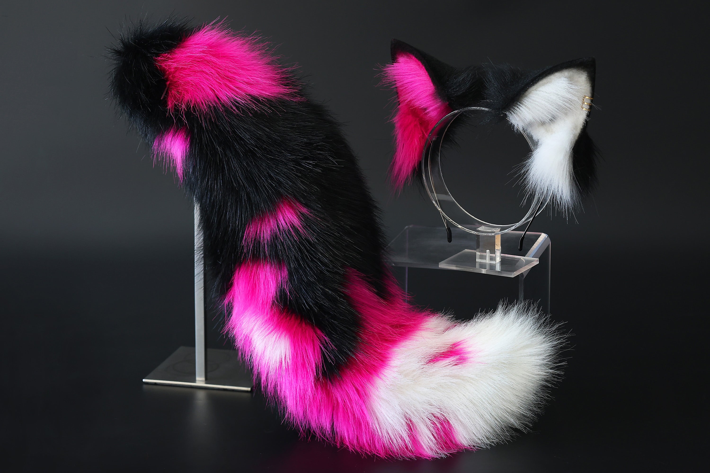 Realistic faux fur fox tail and ear set neon rose red black splicing wolf ear and tail anime cosplay therian cat ear and tail butt plug kitten kemonomimi