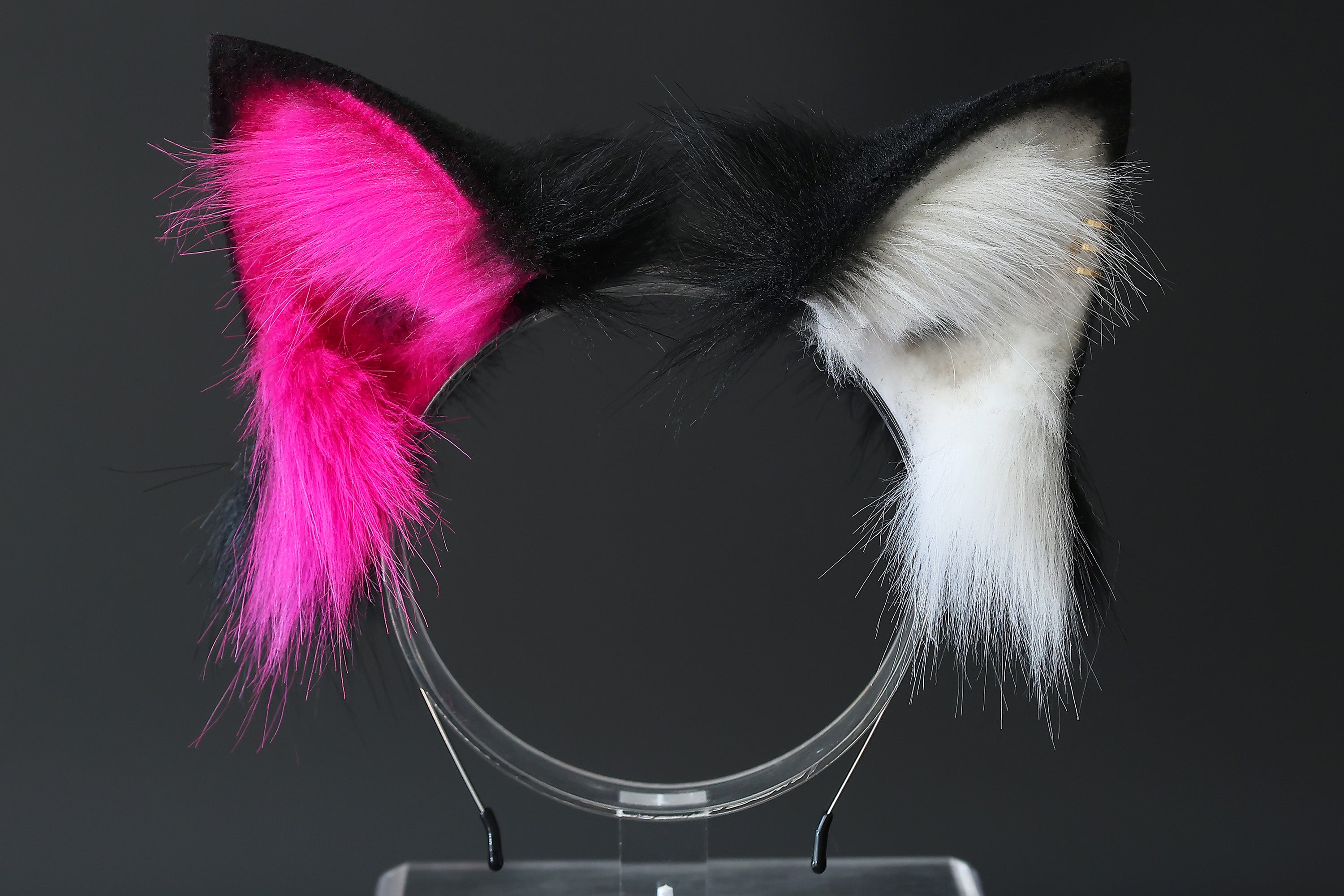 Realistic faux fur fox tail and ear set neon rose red black splicing wolf ear and tail anime cosplay therian cat ear and tail butt plug kitten kemonomimi